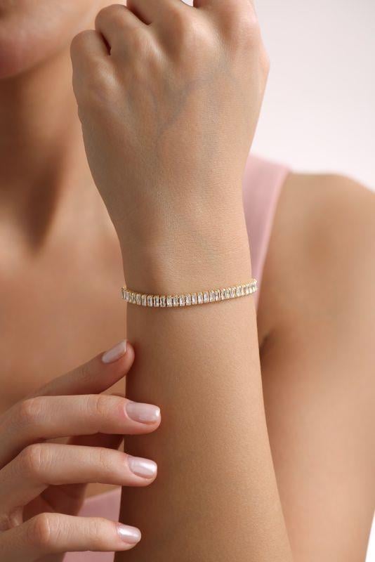 925 Ayar Gümüş Gold Kaplama Baget Taşlı Suyolu Model Bileklik 