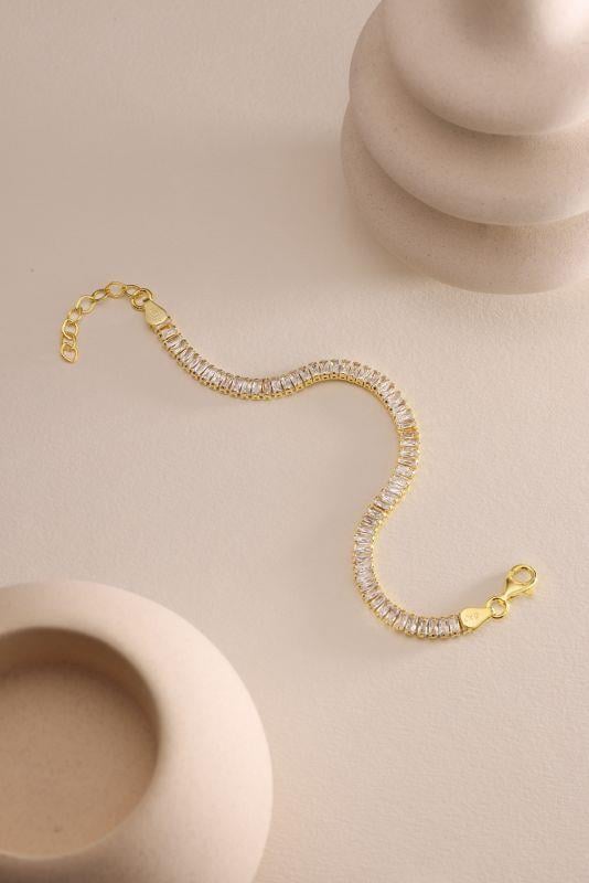 925 Ayar Gümüş Gold Kaplama Baget Taşlı Suyolu Model Bileklik 