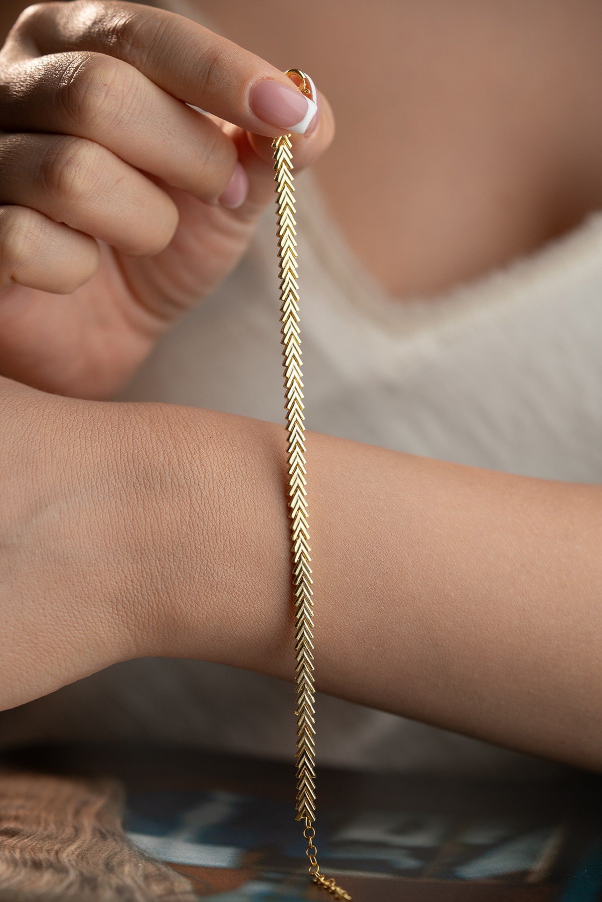 925 Ayar Gümüş Gold Kaplama Balık Sırtı Model Bileklik