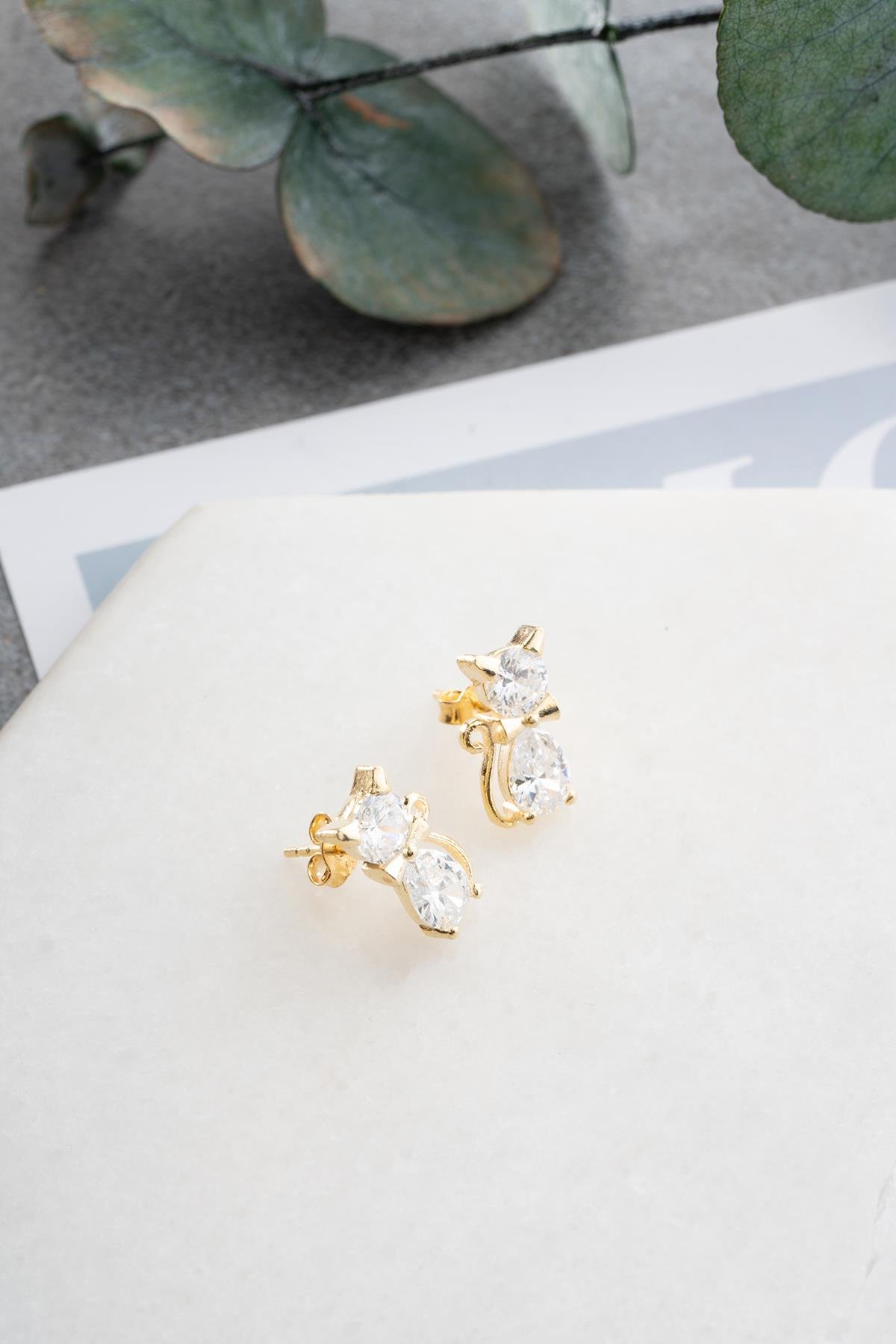 925 Ayar Gümüş Gold Kaplama Beyaz Zirkon Taşlı Kedi Küpe