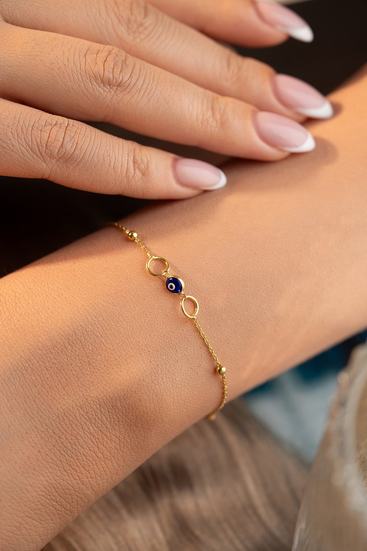 925 Ayar Gümüş Gold Kaplama Çift Halka Nazar Model Bileklik