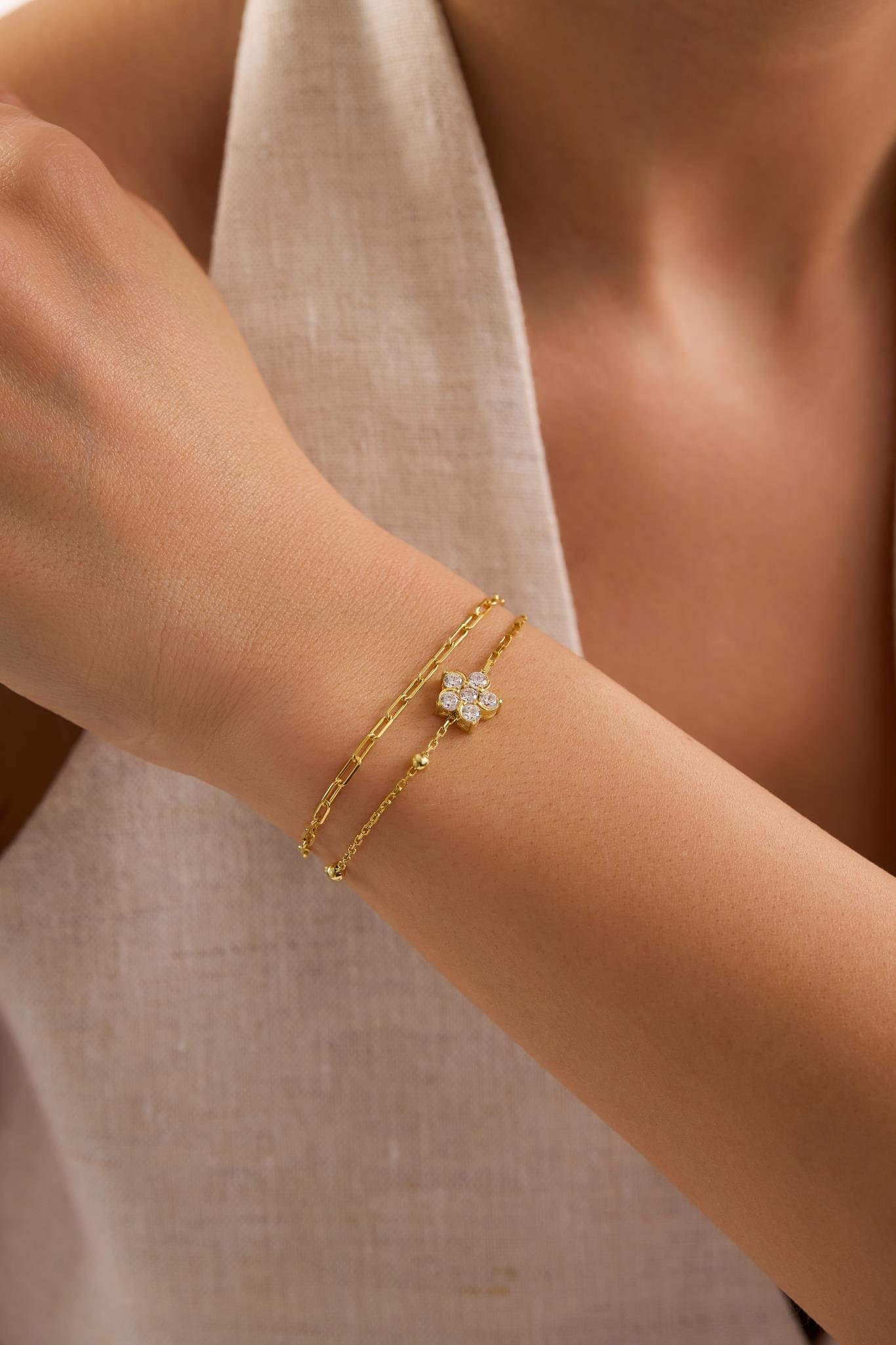 925 Ayar Gümüş Gold Kaplama Çift Zincirli Çiçek Model Bileklik