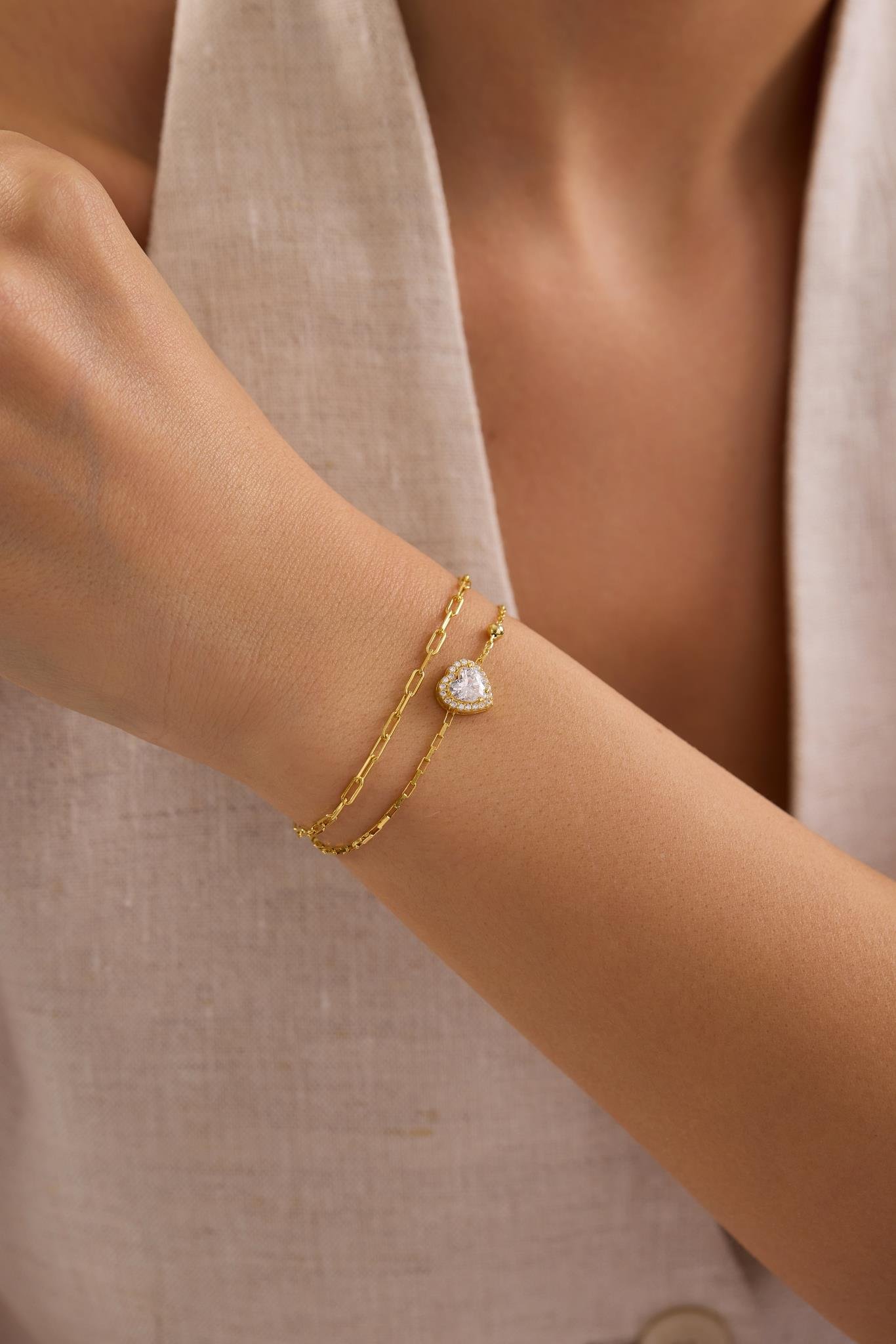 925 Ayar Gümüş Gold Kaplama Çift Zincirli Tektaş Kalp Model Bileklik