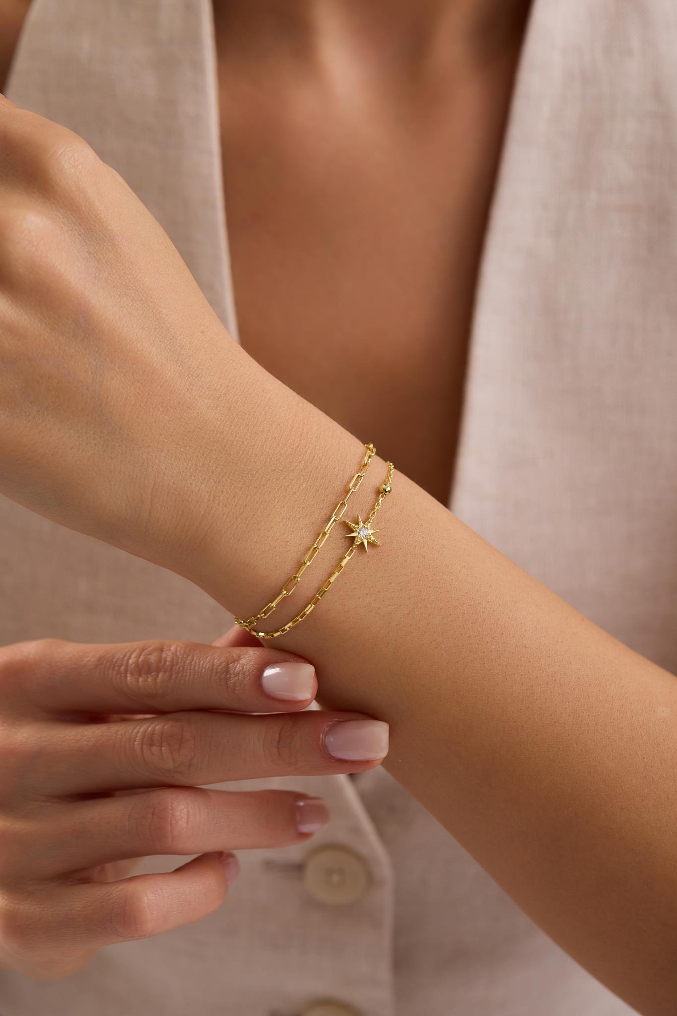 925 Ayar Gümüş Gold Kaplama Çift Zincirli Kutup Yıldızı Model Bileklik