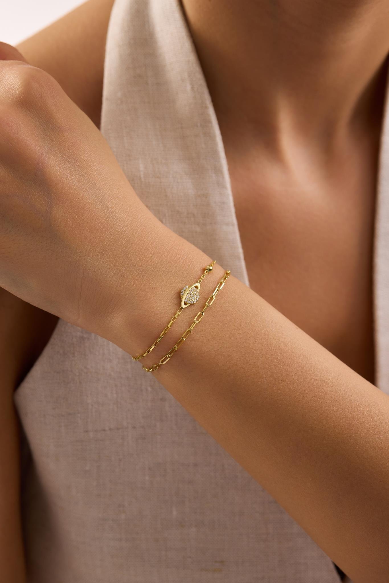 925 Ayar Gümüş Gold Kaplama Çift Zincirli Gezegen Model Bileklik