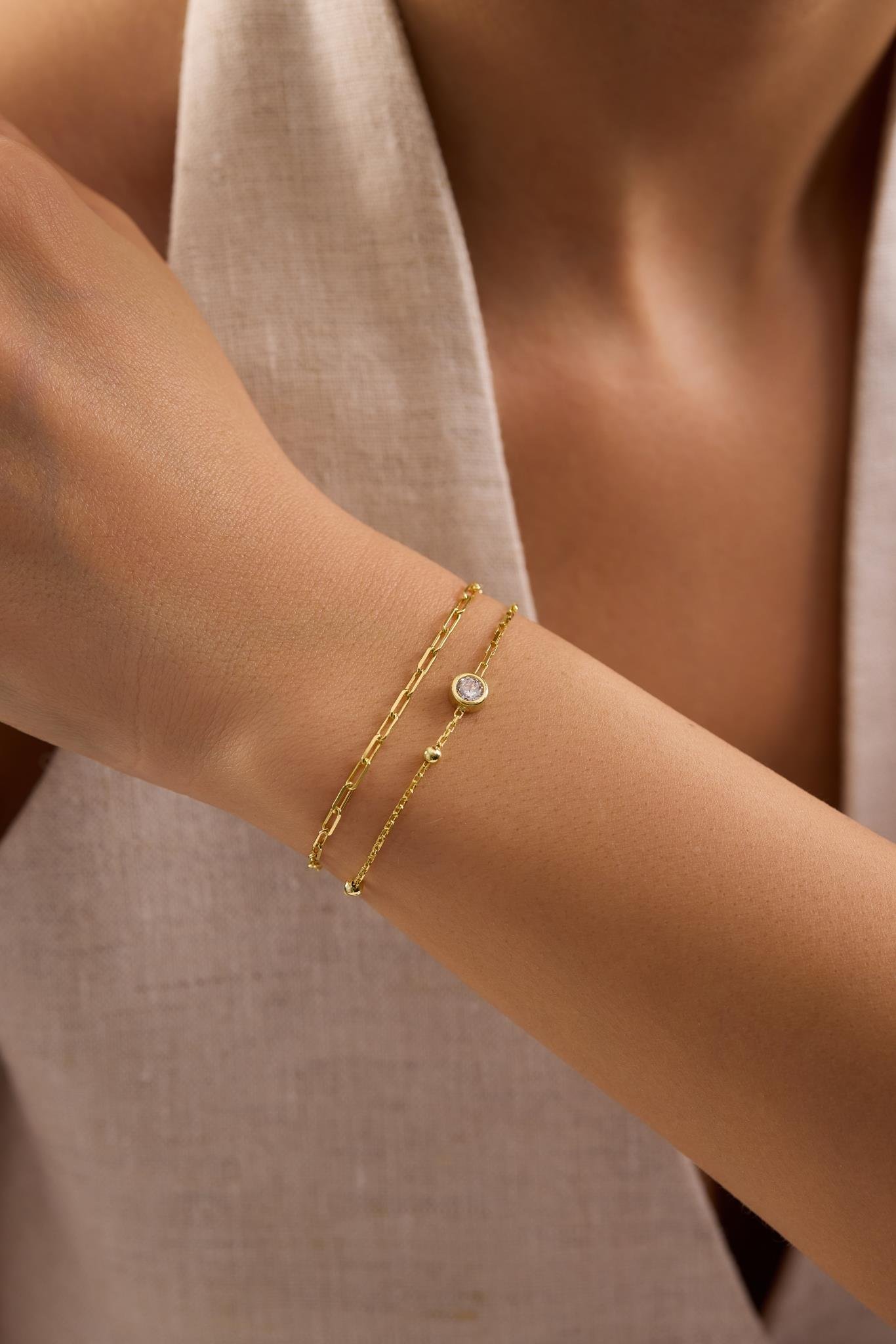 925 Ayar Gümüş Gold Kaplama Çift Zincirli 5 mm Tektaş Model Bileklik