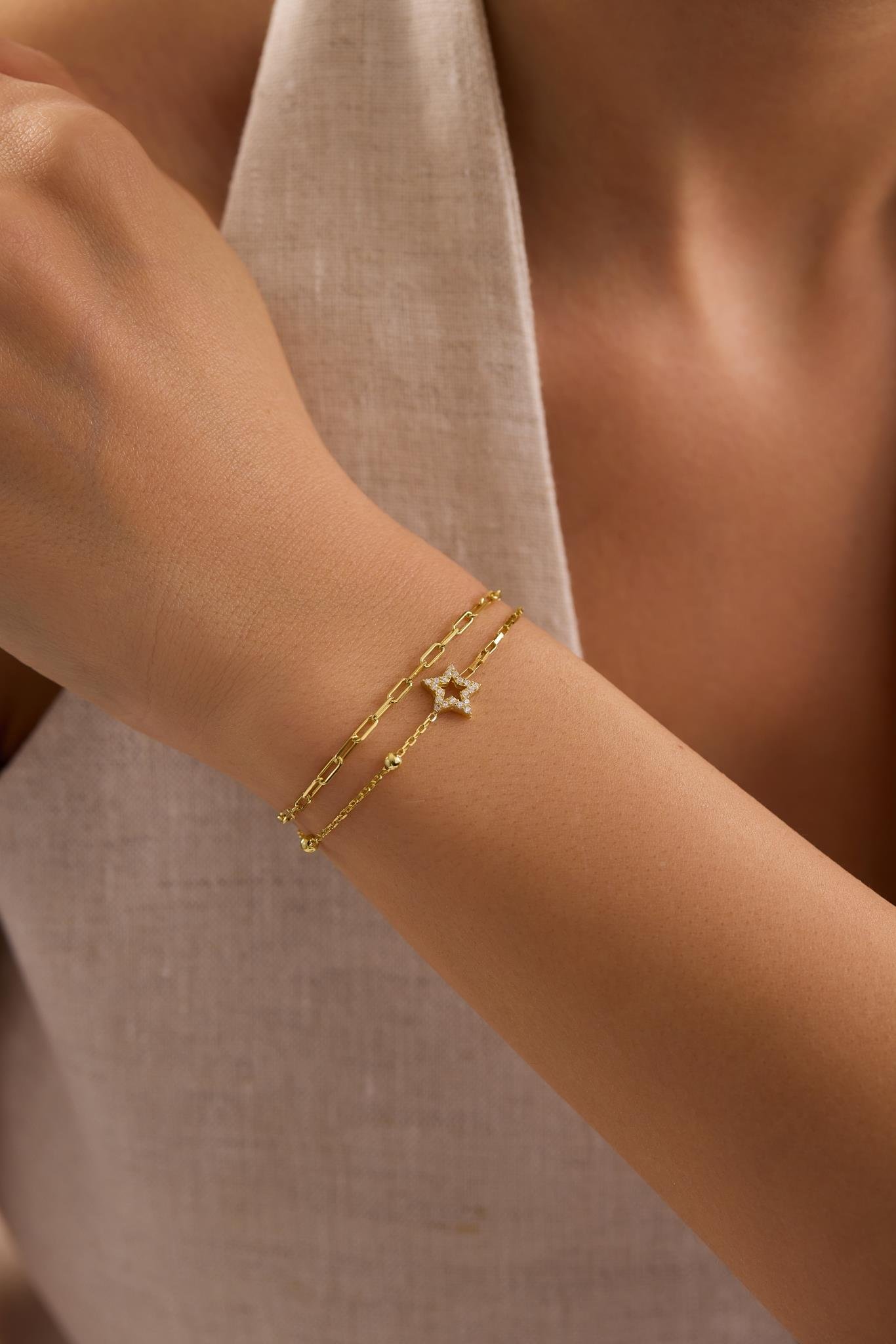 925 Ayar Gümüş Gold Kaplama Çift Zincirli Yıldız Model Bileklik