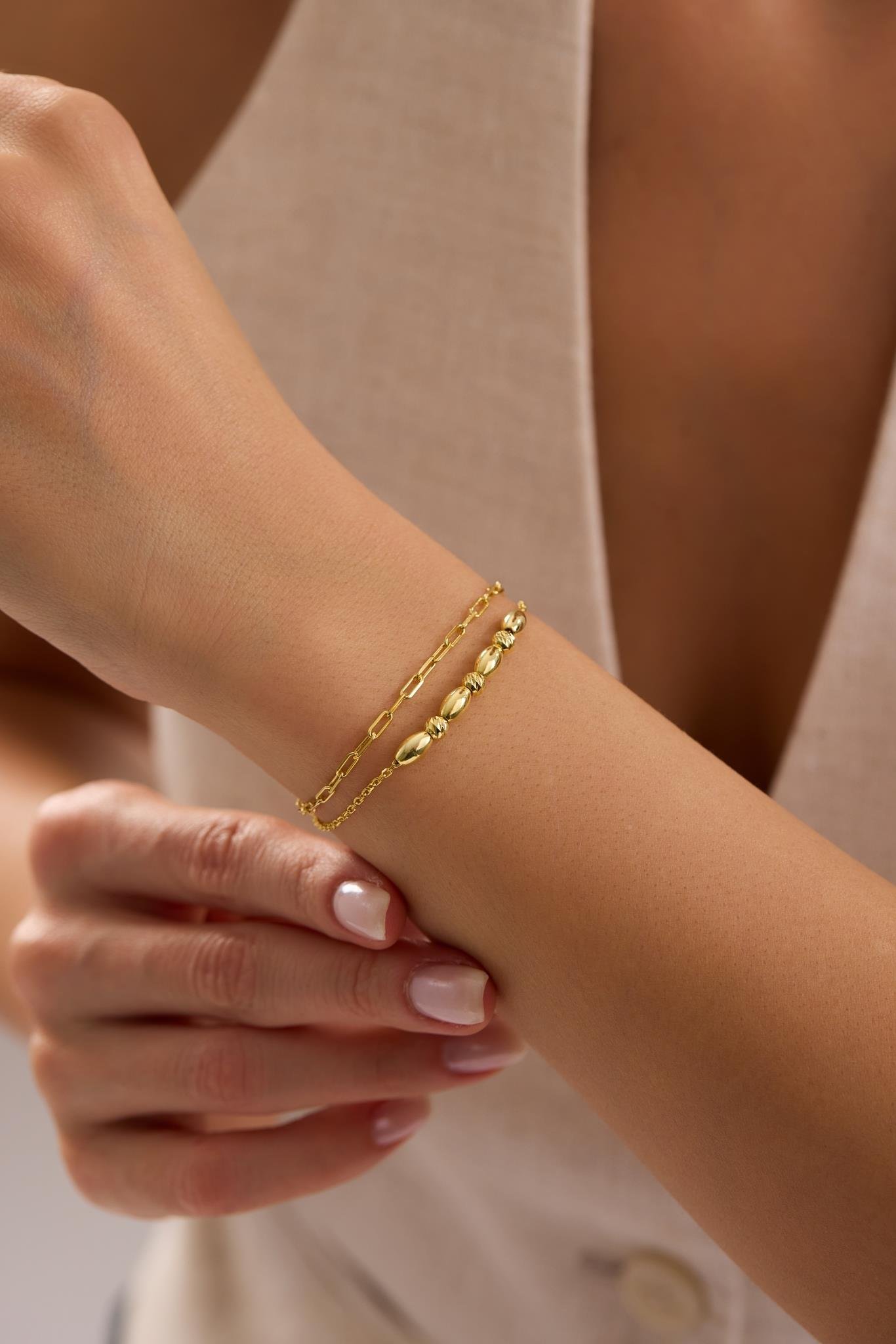 925 Ayar Gümüş Gold Kaplama Çift Zincirli Dorika Kapsül Model Bileklik