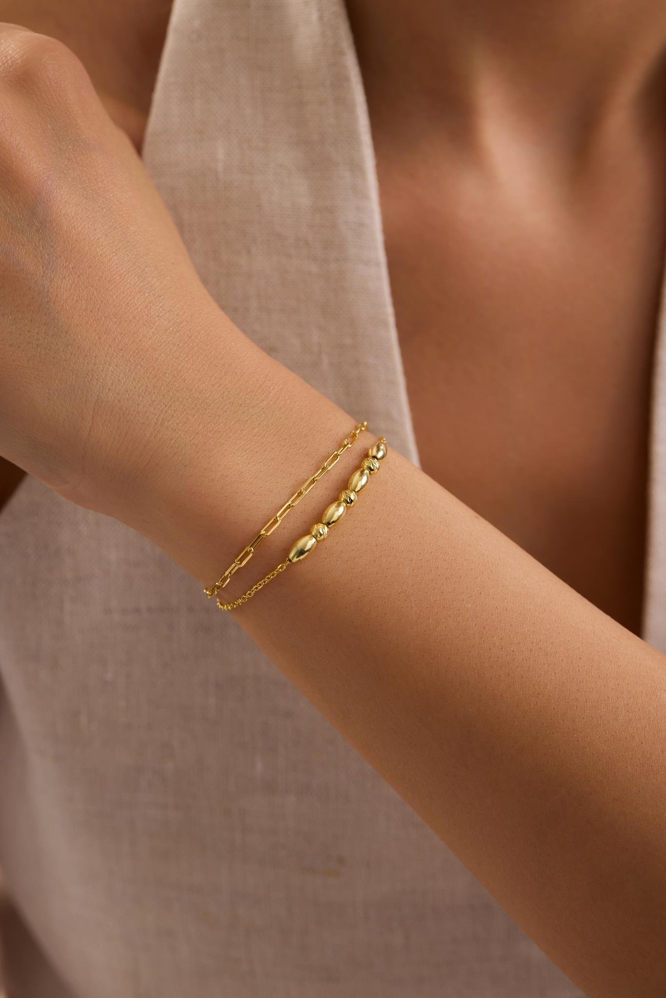 925 Ayar Gümüş Gold Kaplama Çift Zincirli Dorika Kapsül Model Bileklik