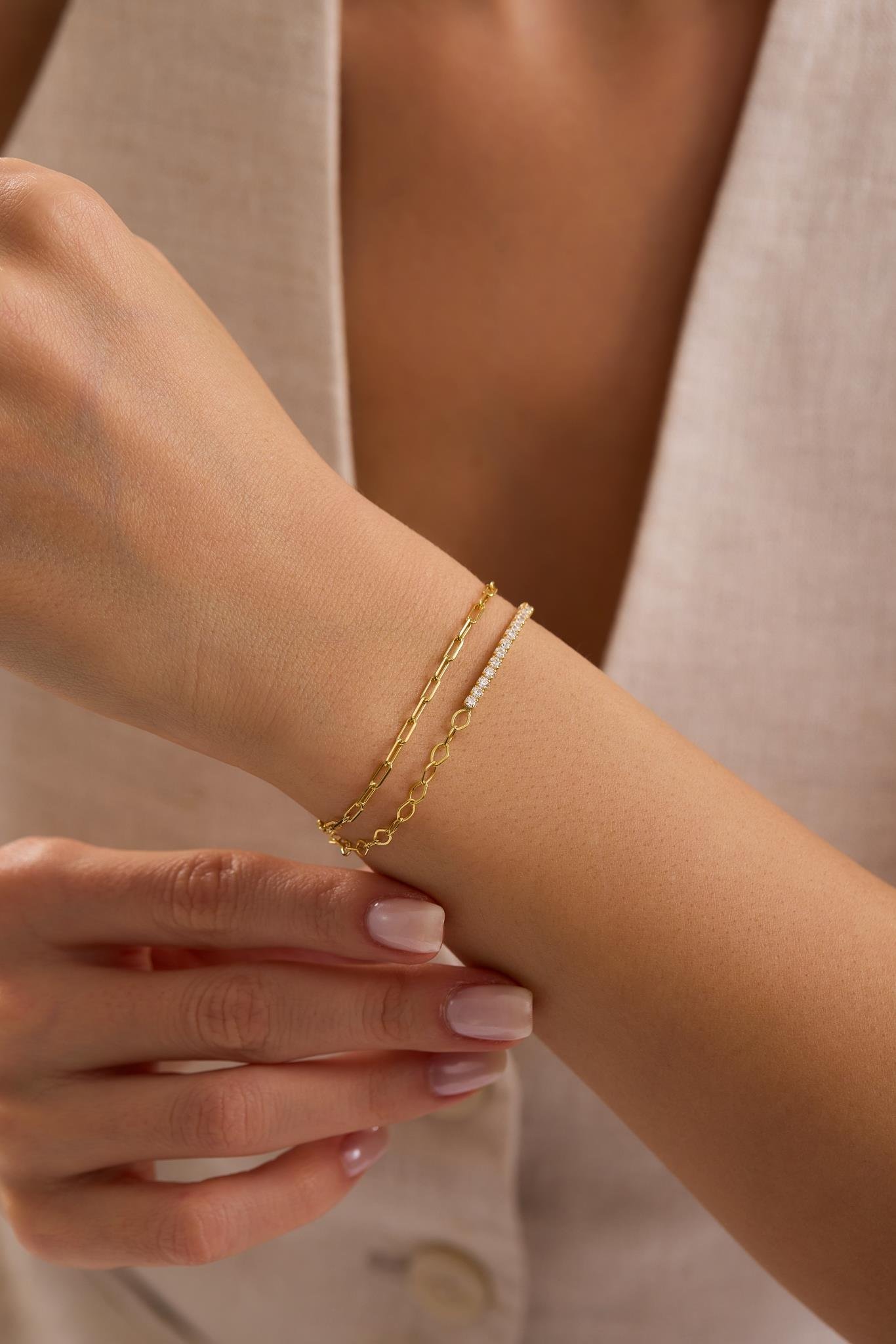 925 Ayar Gümüş Gold Kaplama Çift Zincirli 2 mm Taşlı Suyolu Model Bileklik