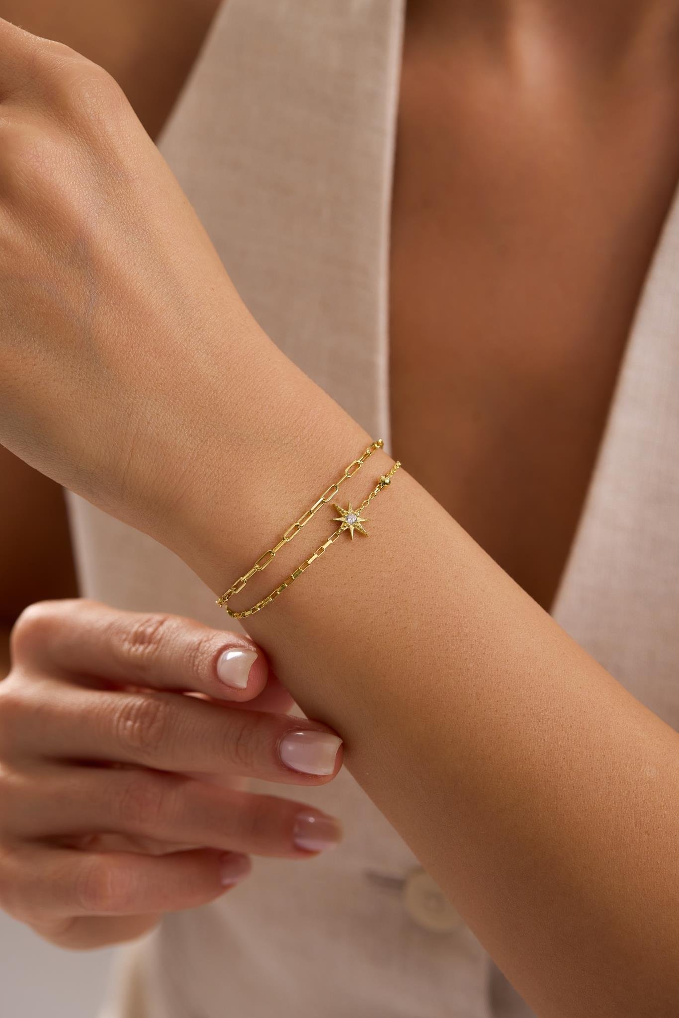 925 Ayar Gümüş Gold Kaplama Çift Zincirli Kutup Yıldızı Model Bileklik