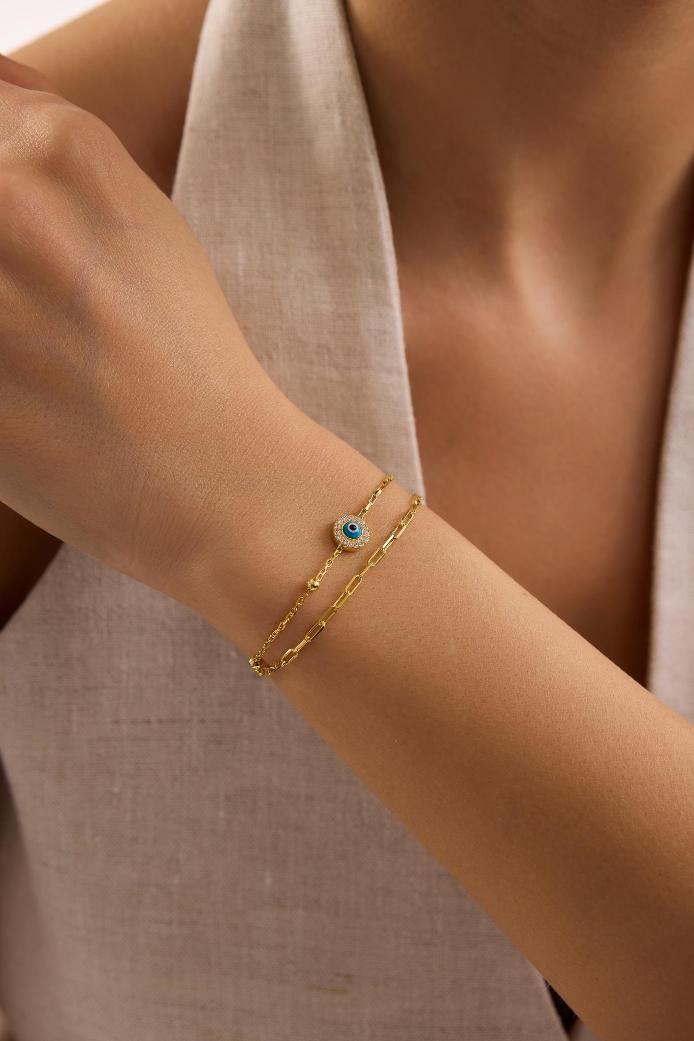 925 Ayar Gümüş Gold Kaplama Çift Zincirli Nazar Göz Model Bileklik