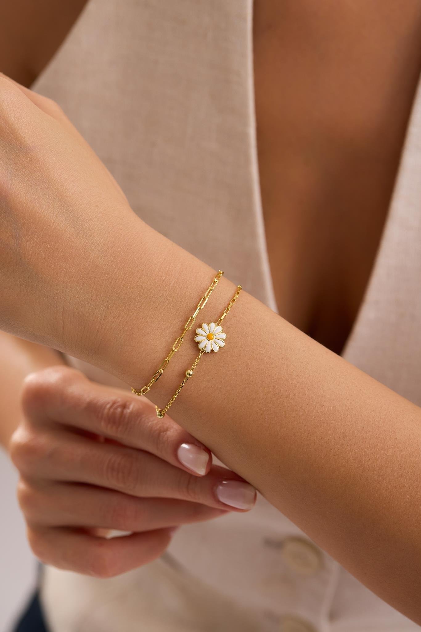 925 Ayar Gümüş Gold Kaplama Çift Zincirli Papatya Model Bileklik