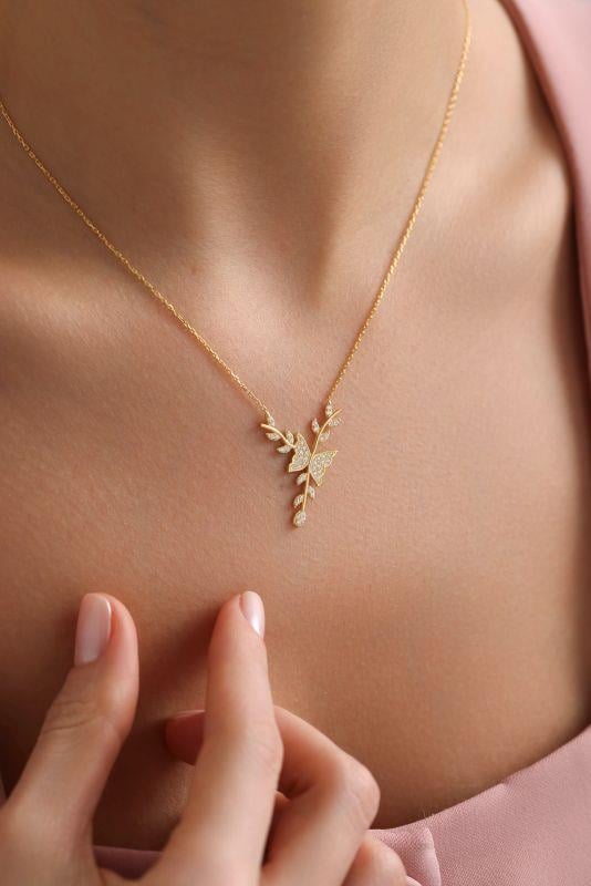 925 Ayar Gümüş Gold Kaplama Daldaki Kelebek Kolye