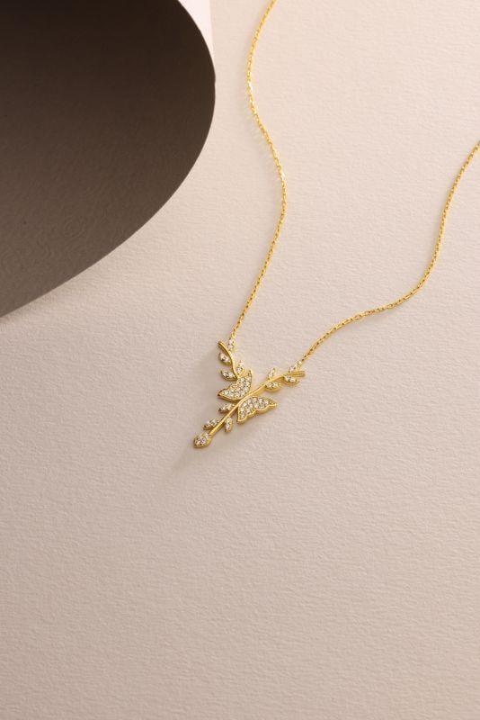 925 Ayar Gümüş Gold Kaplama Daldaki Kelebek Kolye