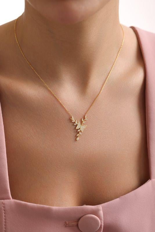 925 Ayar Gümüş Gold Kaplama Daldaki Kelebek Kolye