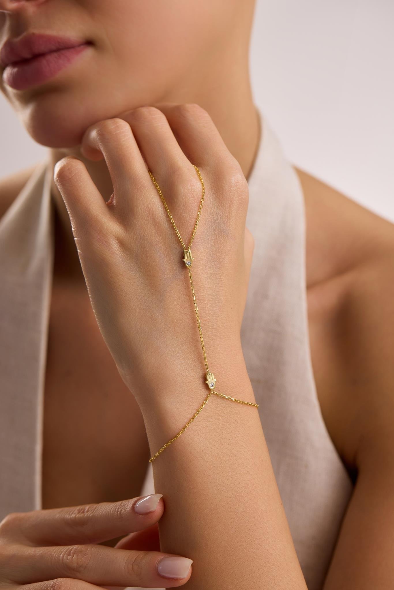 925 Ayar Gümüş Gold Kaplama Fatma  Ana Eli Şahmeran Bileklik 