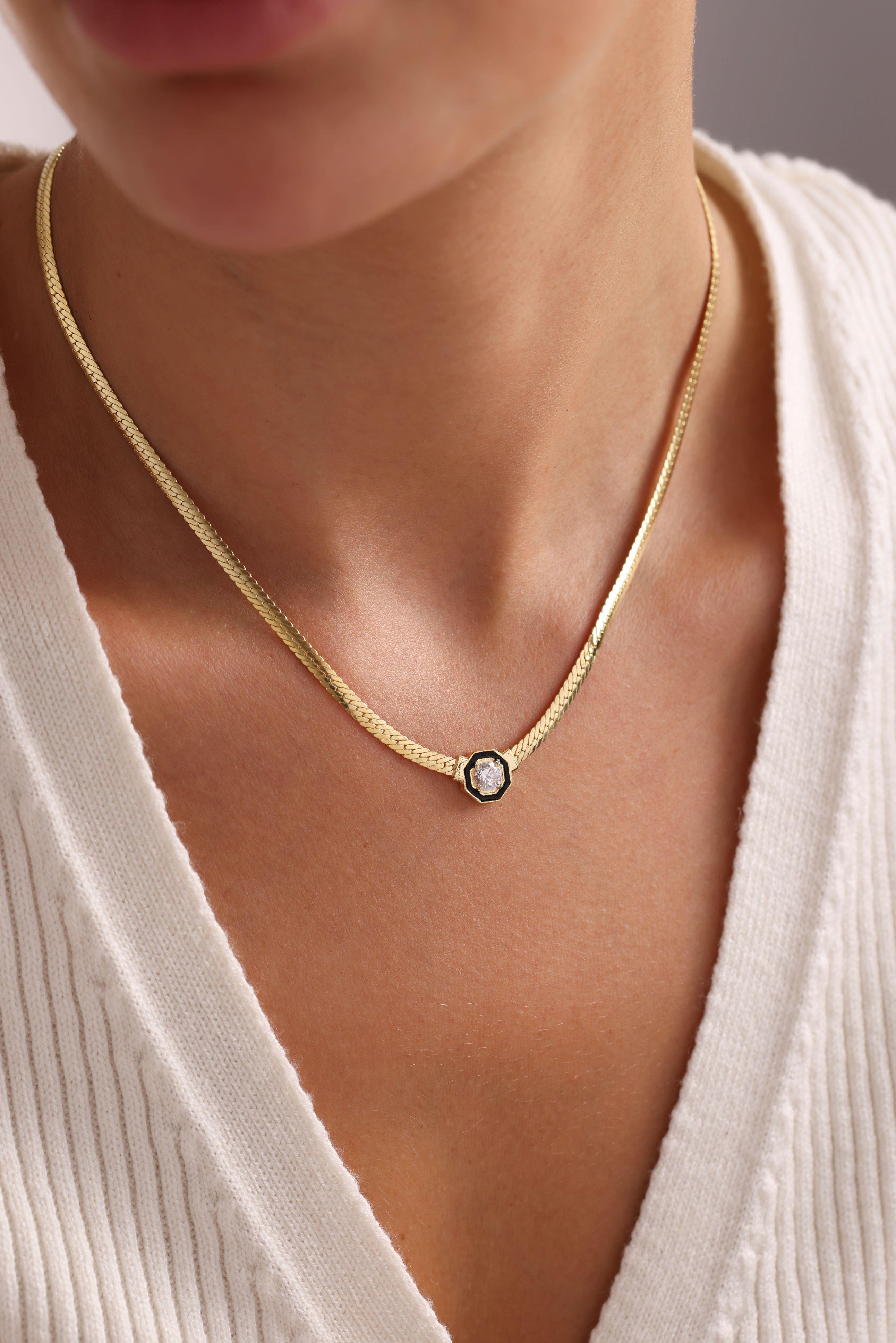 925 Ayar Gümüş Gold Kaplama Hasır Zincirli Ortası Tektaş Kolye