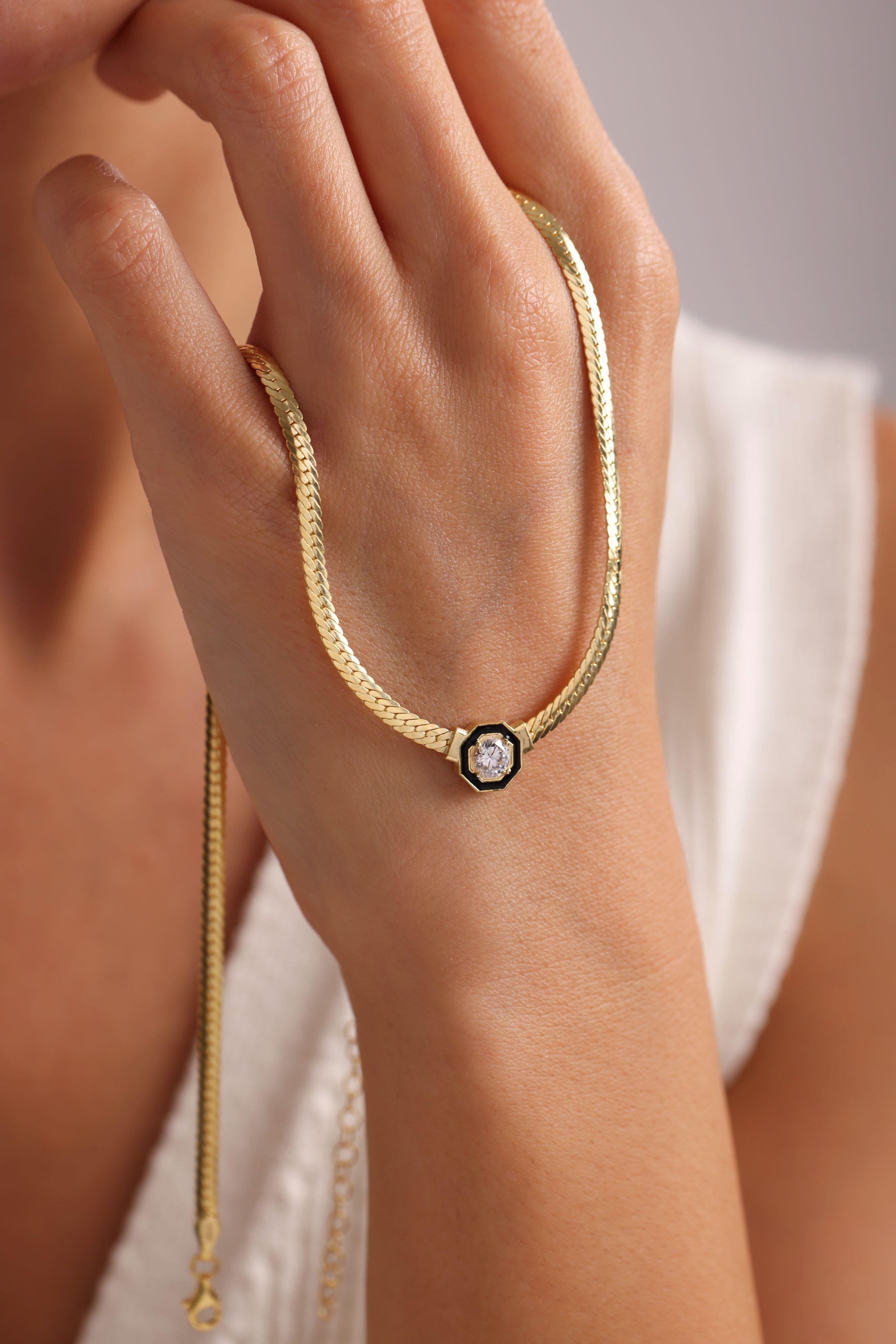 925 Ayar Gümüş Gold Kaplama Hasır Zincirli Ortası Tektaş Kolye