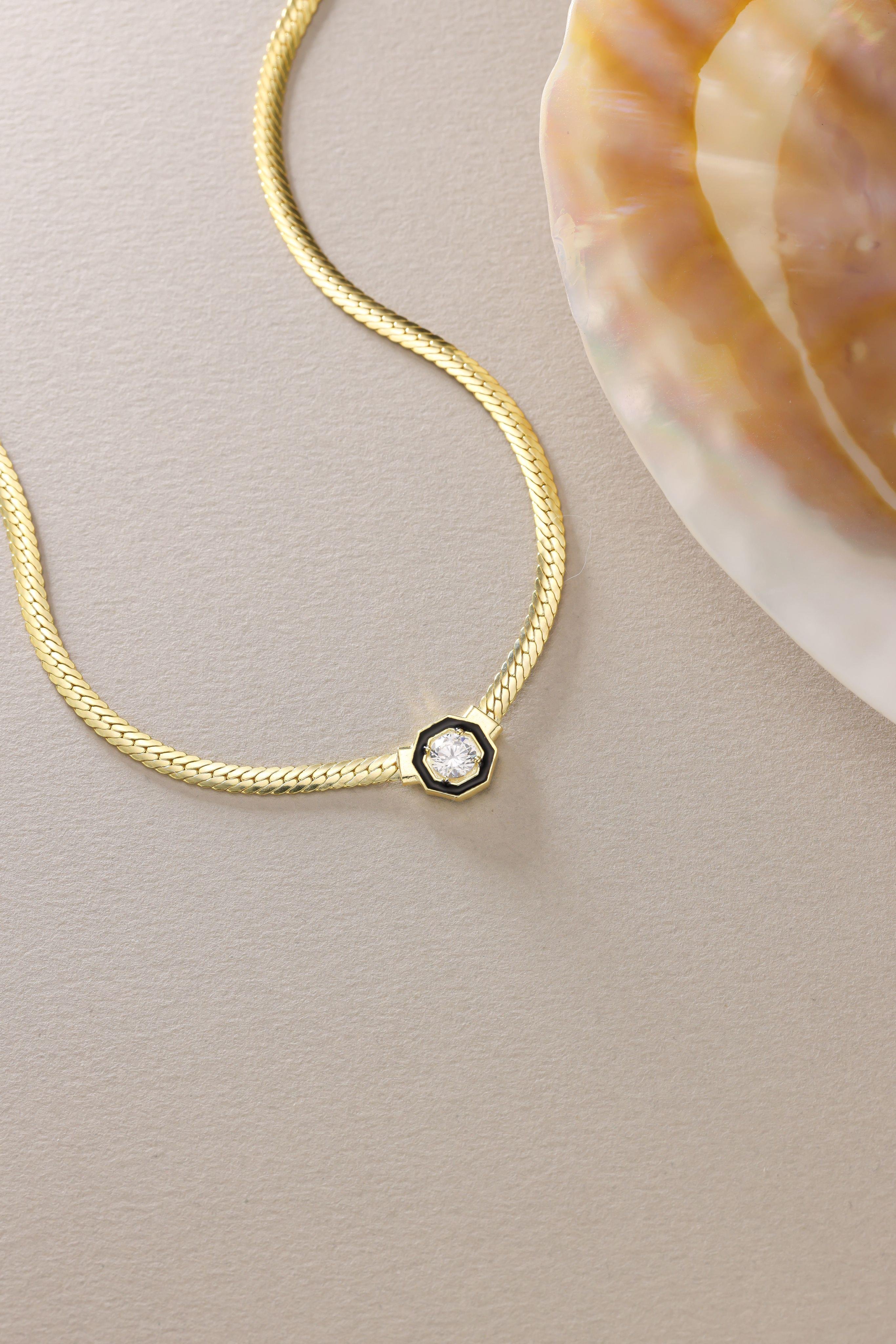 925 Ayar Gümüş Gold Kaplama Hasır Zincirli Ortası Tektaş Kolye