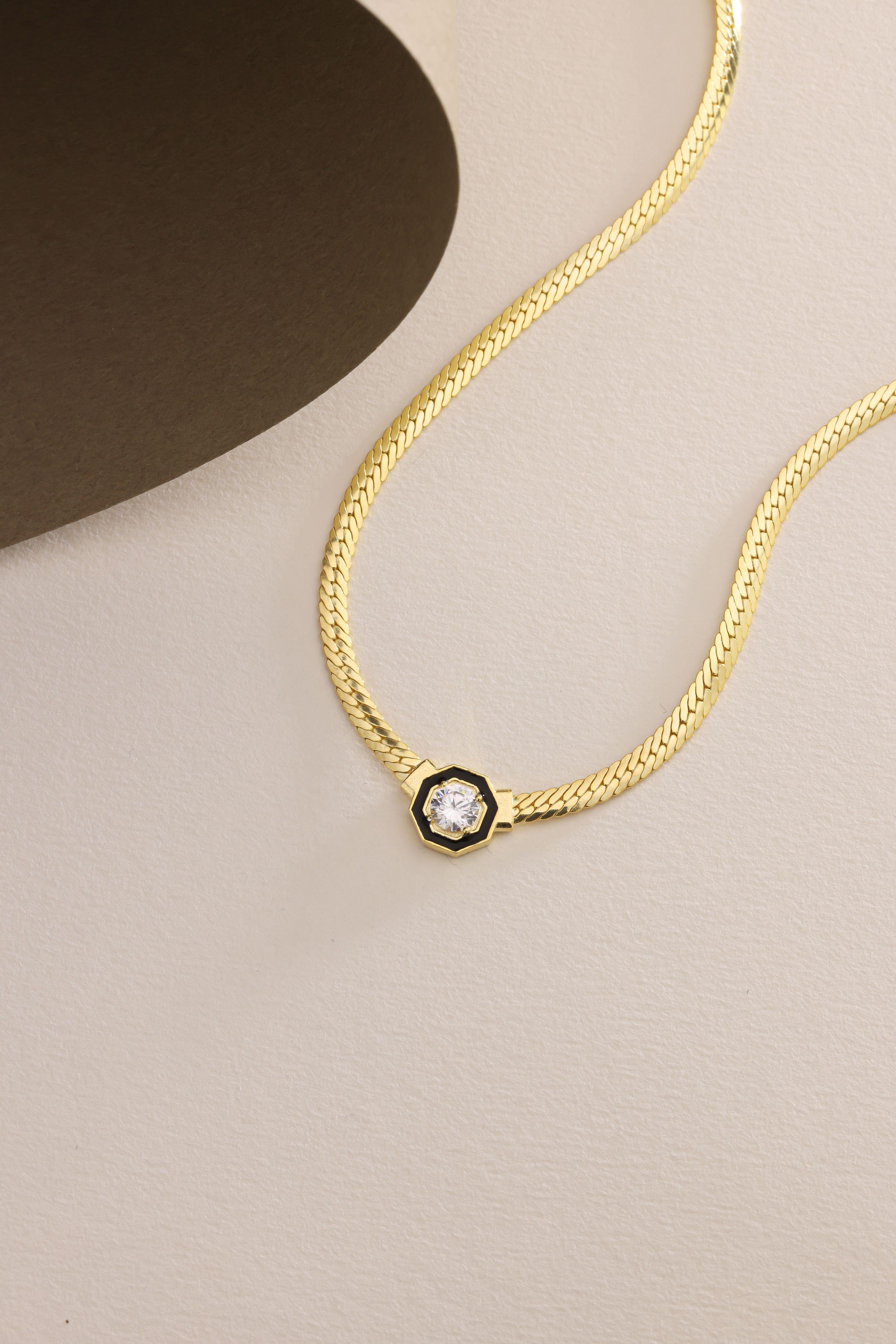 925 Ayar Gümüş Gold Kaplama Hasır Zincirli Ortası Tektaş Kolye