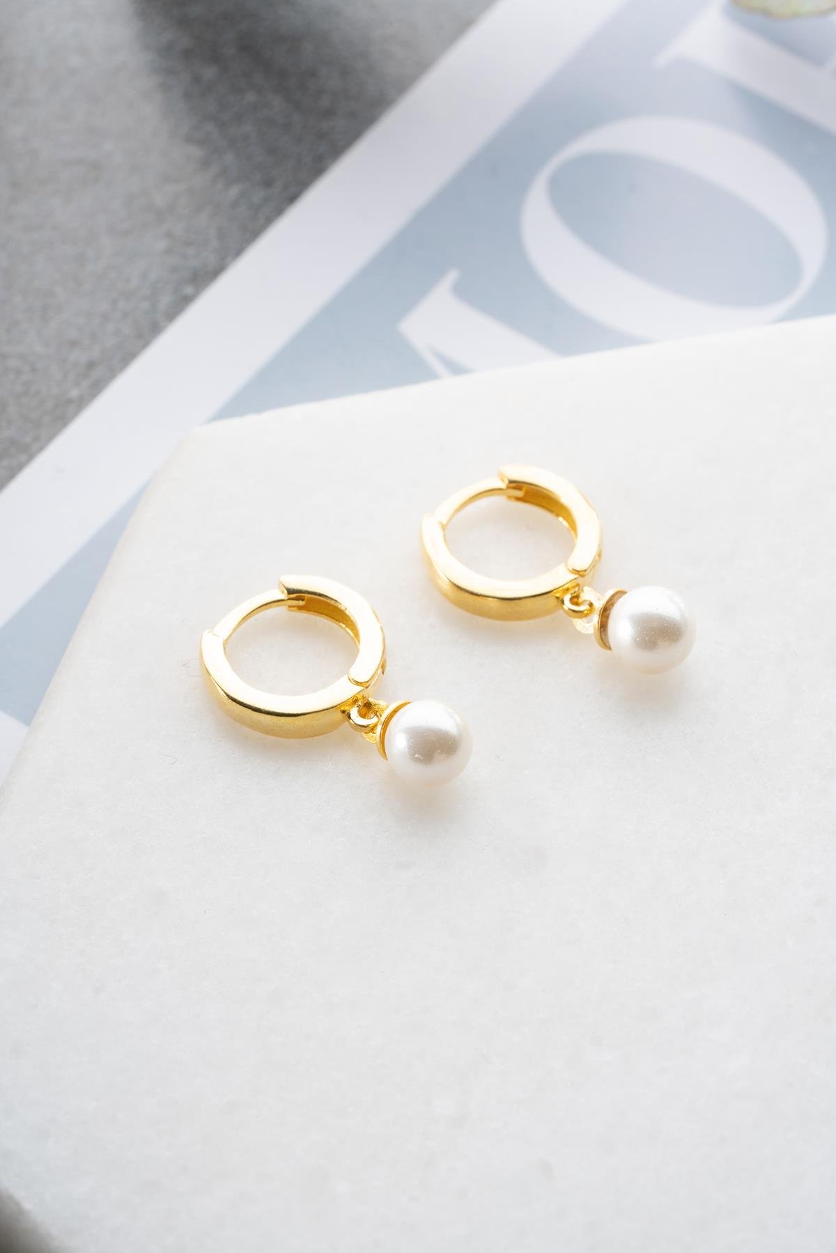 925 Ayar Gümüş Gold Kaplama İnci Sallantılı 10 mm Tamtur Küpe