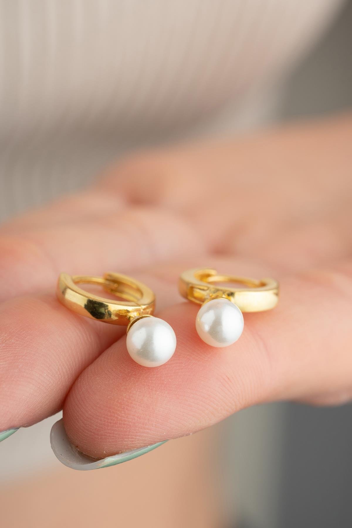 925 Ayar Gümüş Gold Kaplama İnci Sallantılı 10 mm Tamtur Küpe