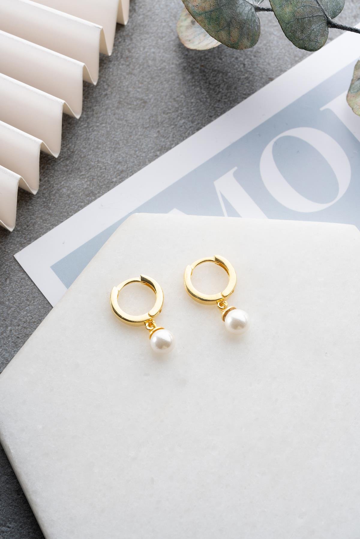 925 Ayar Gümüş Gold Kaplama İnci Sallantılı 10 mm Tamtur Küpe