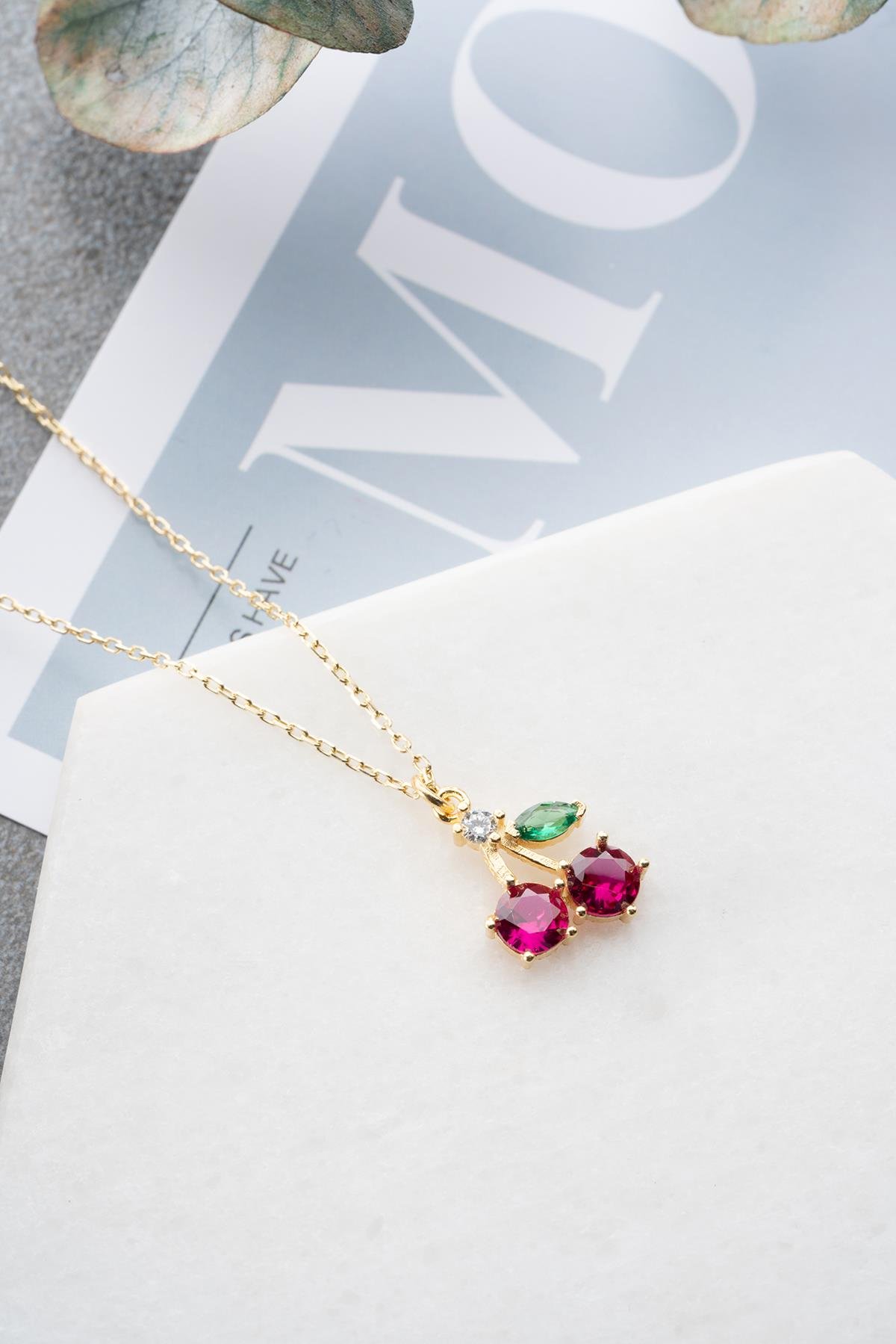 925 Ayar Gümüş Gold Kaplama Kiraz Kolye