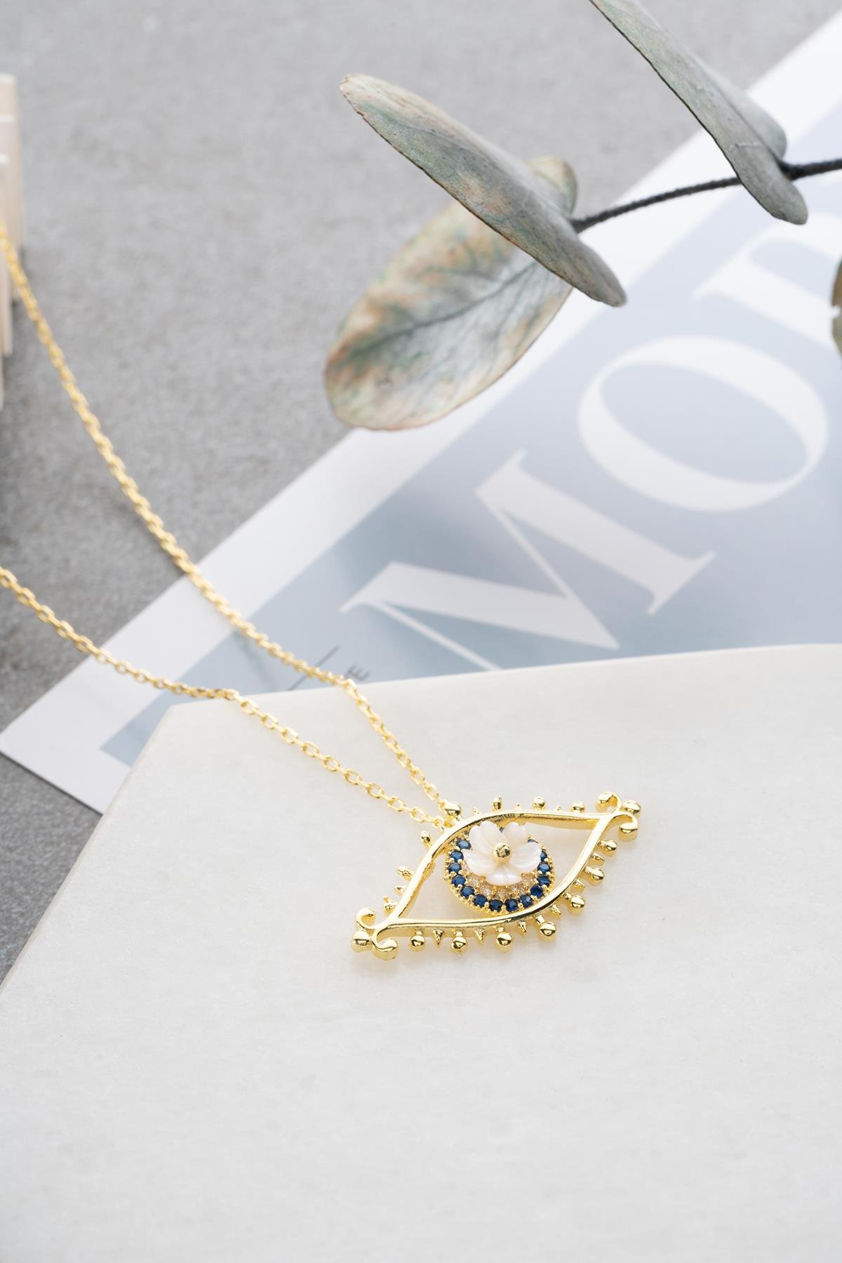 925 Ayar Gümüş Gold Kaplama Manolya Çiçeği Detay Nazar Göz Kolye