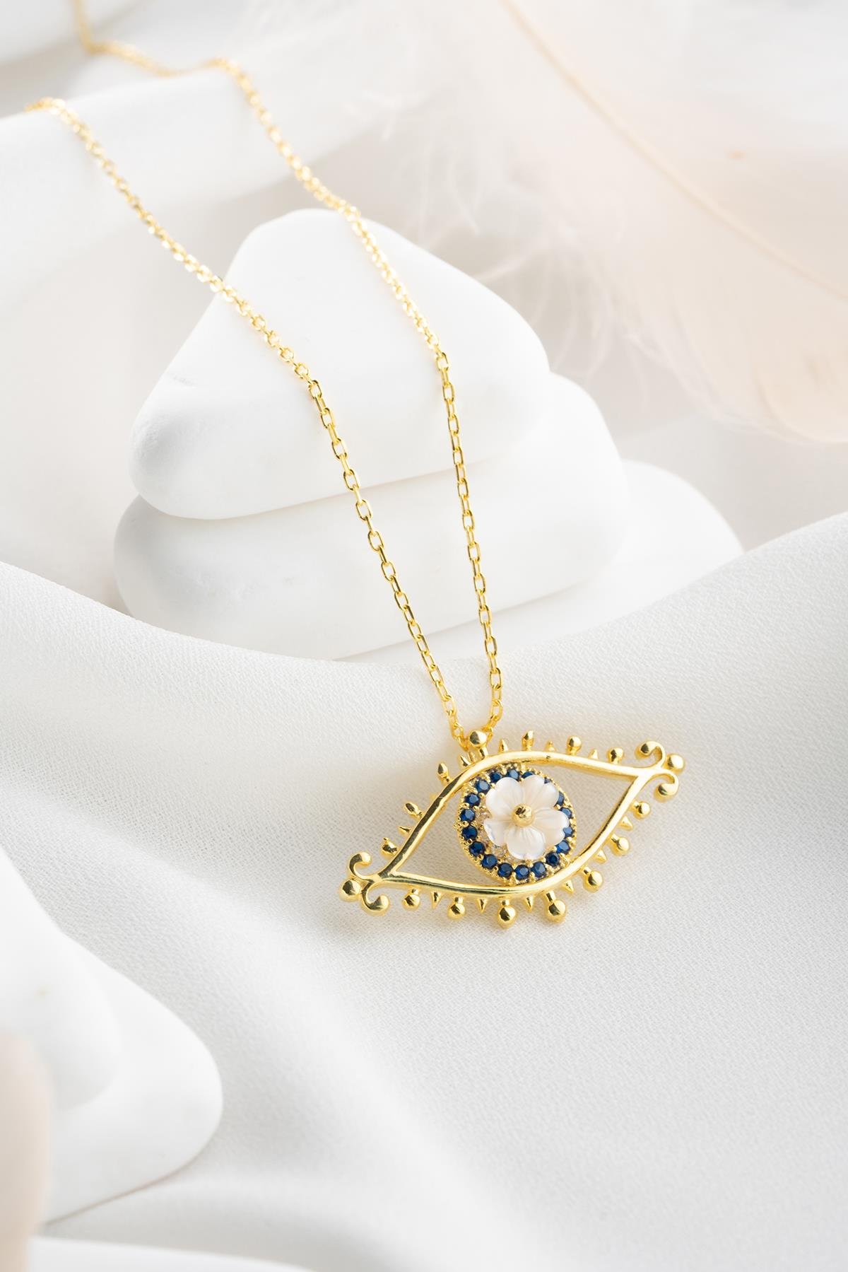 925 Ayar Gümüş Gold Kaplama Manolya Çiçeği Detay Nazar Göz Kolye