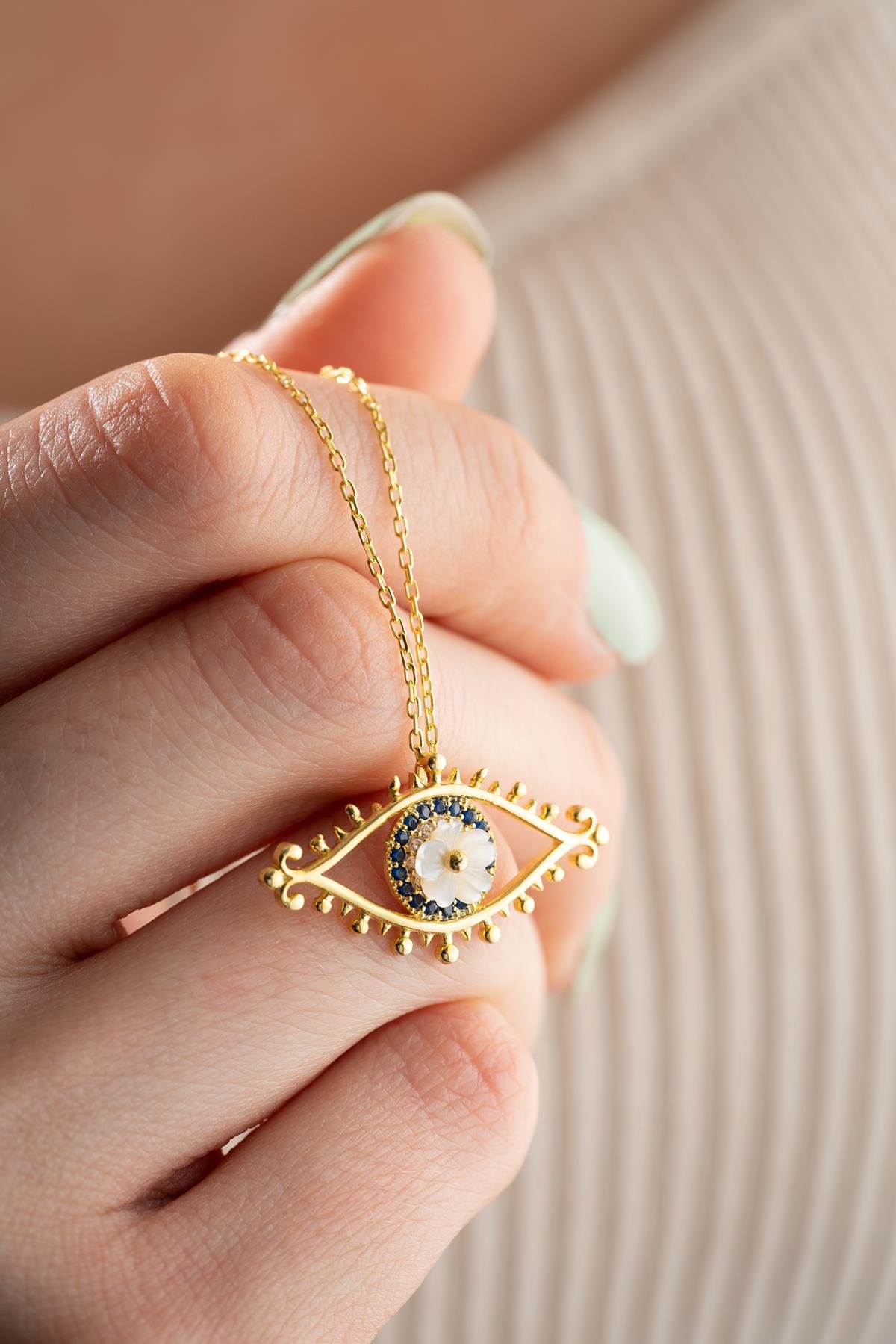 925 Ayar Gümüş Gold Kaplama Manolya Çiçeği Detay Nazar Göz Kolye