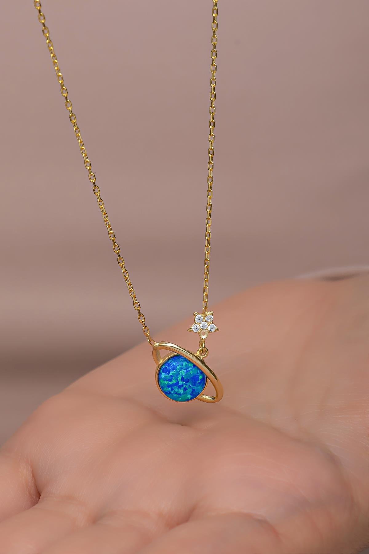 925 Ayar Gümüş Gold Kaplama Mavi Opal Taşlı Gezegen Kolye