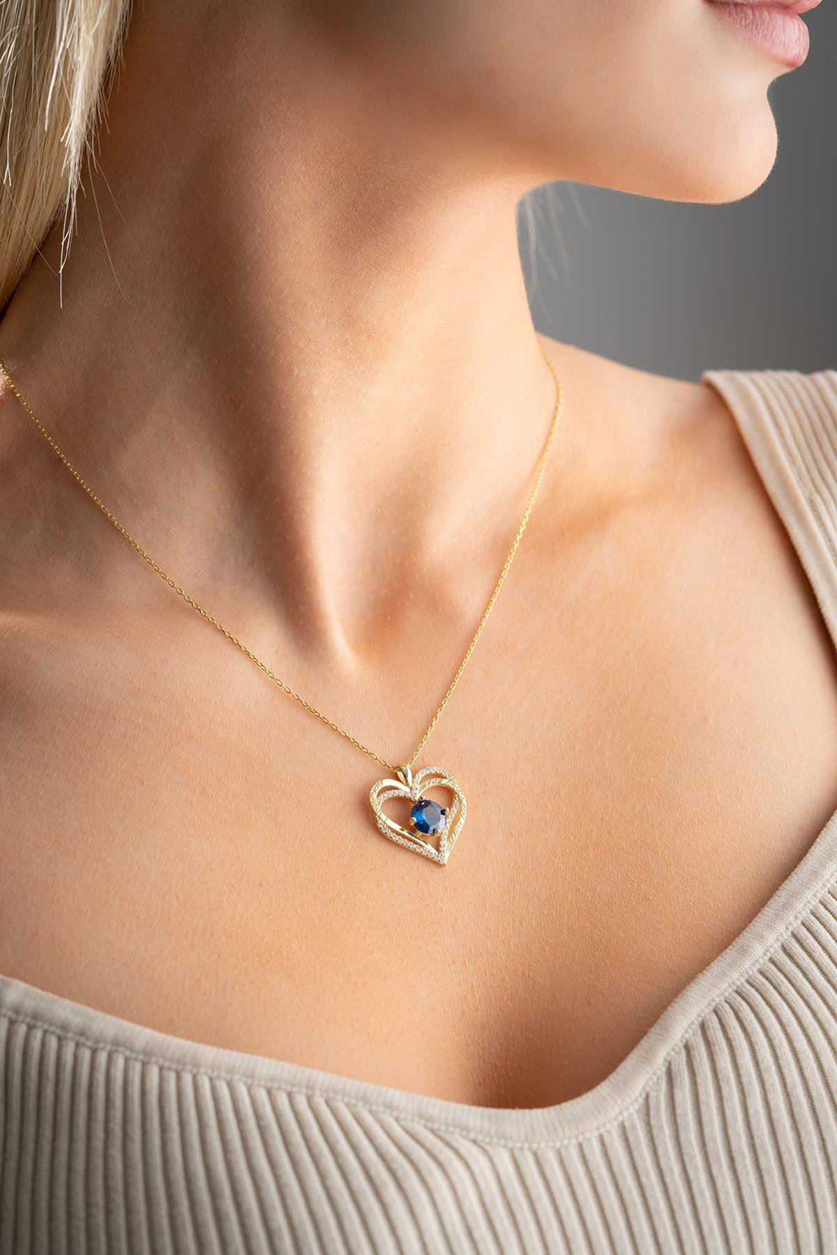 925 Ayar Gümüş Gold Kaplama Mavi Zirkon Taşlı Çift Kalpli Kolye