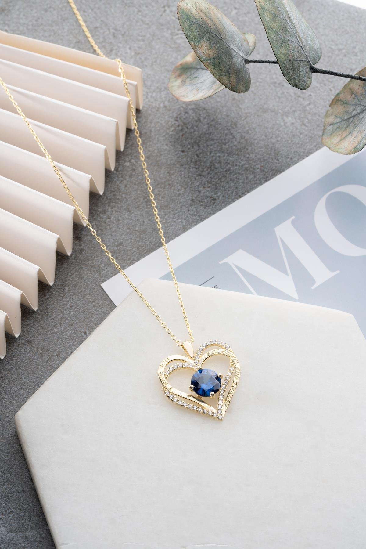 925 Ayar Gümüş Gold Kaplama Mavi Zirkon Taşlı Çift Kalpli Kolye