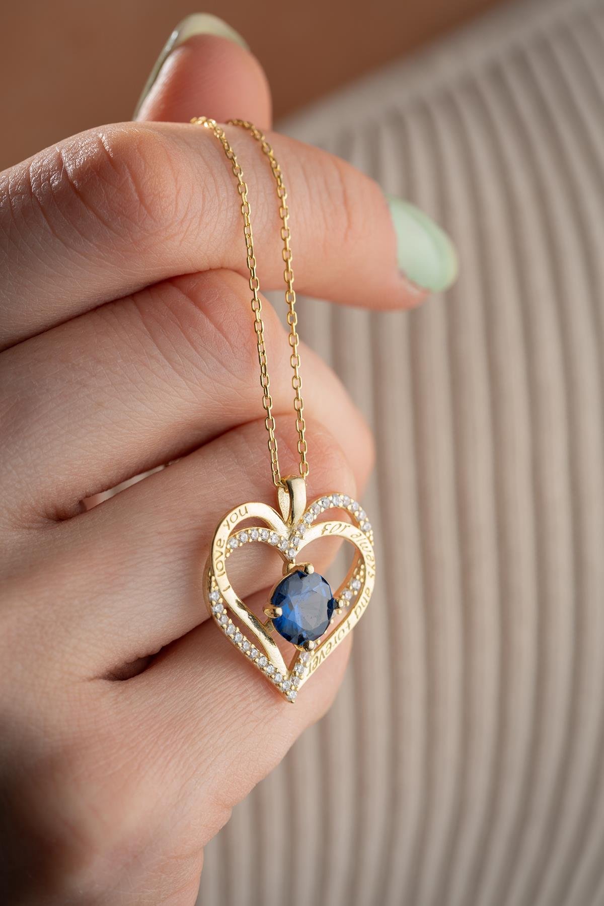 925 Ayar Gümüş Gold Kaplama Mavi Zirkon Taşlı Çift Kalpli Kolye