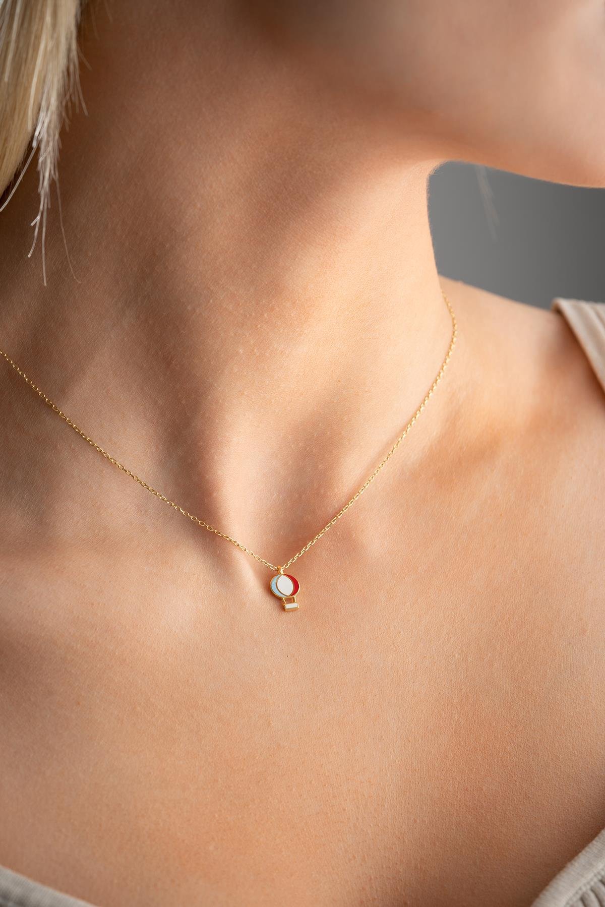 925 Ayar Gümüş Gold Kaplama Mineli Minimal Balon Kolye