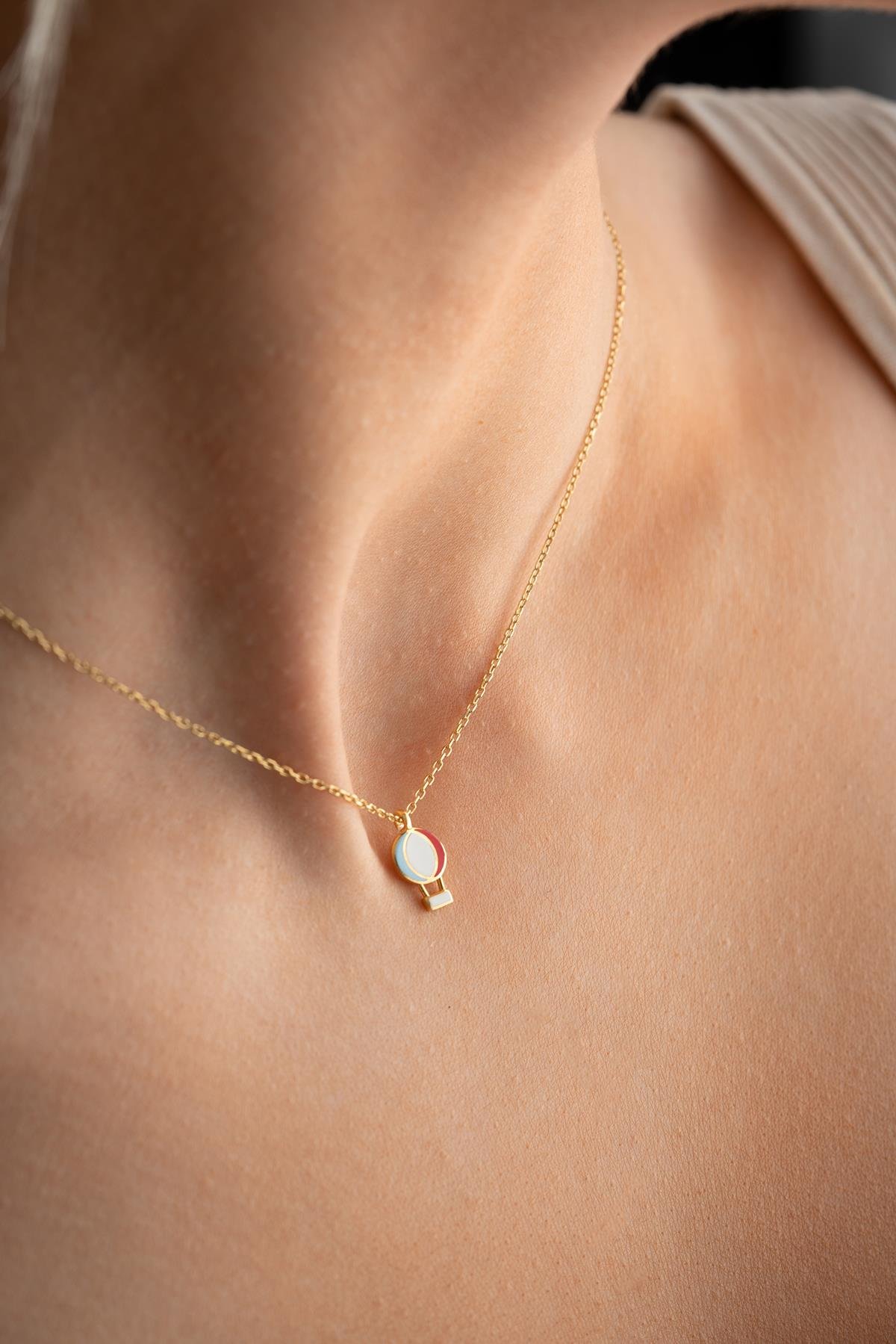 925 Ayar Gümüş Gold Kaplama Mineli Minimal Balon Kolye