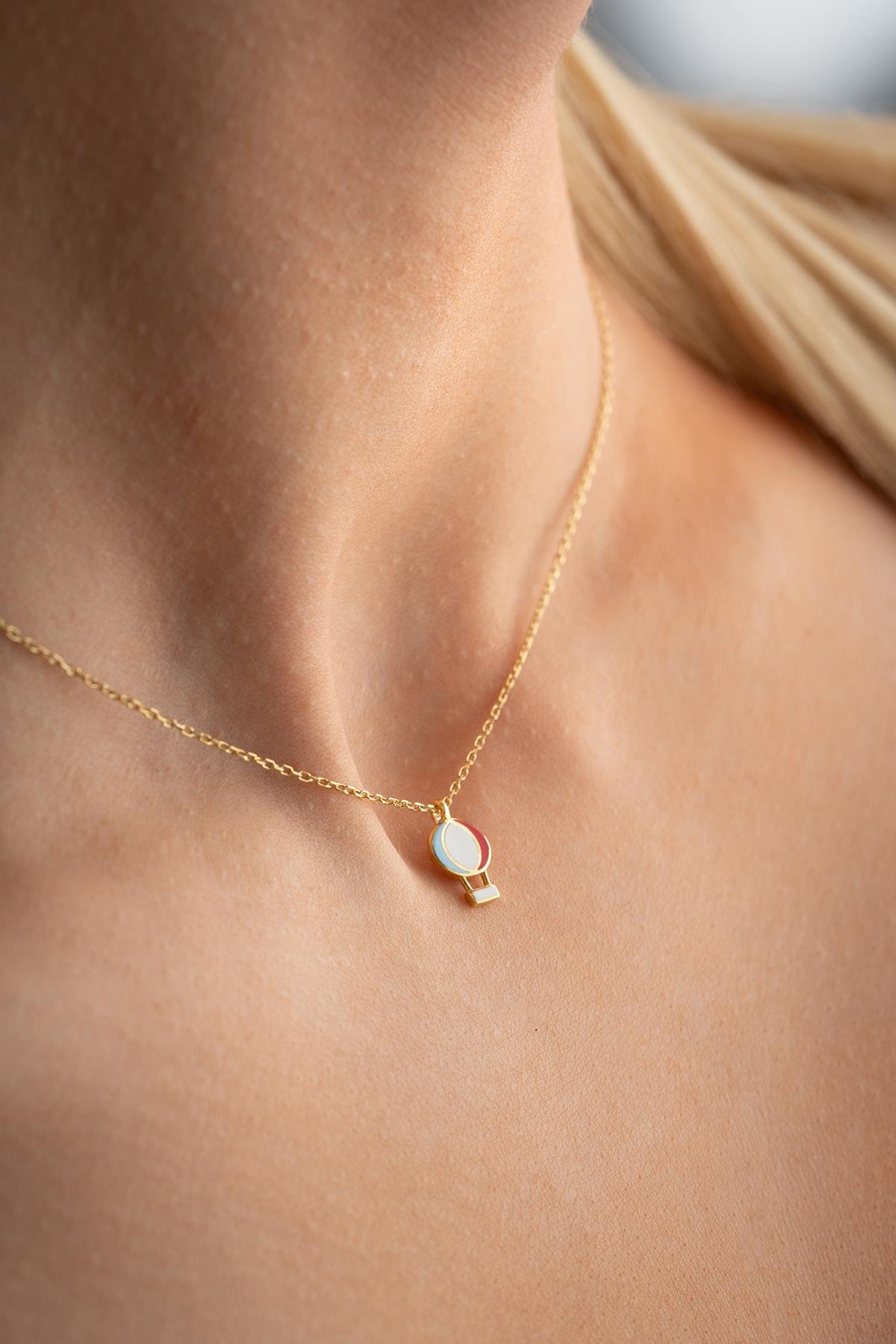 925 Ayar Gümüş Gold Kaplama Mineli Minimal Balon Kolye