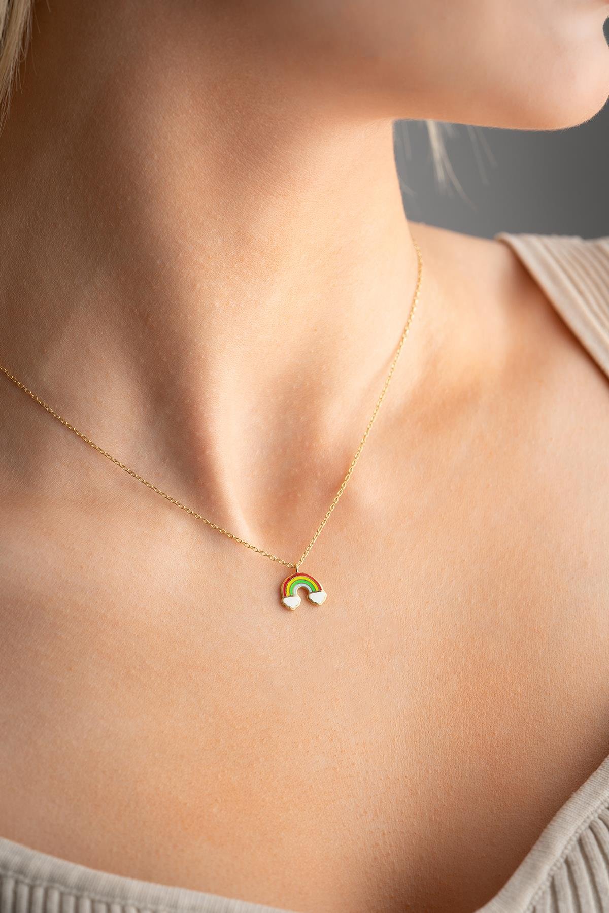 925 Ayar Gümüş Gold Kaplama Mineli Minimal Gökkuşağı Kolye
