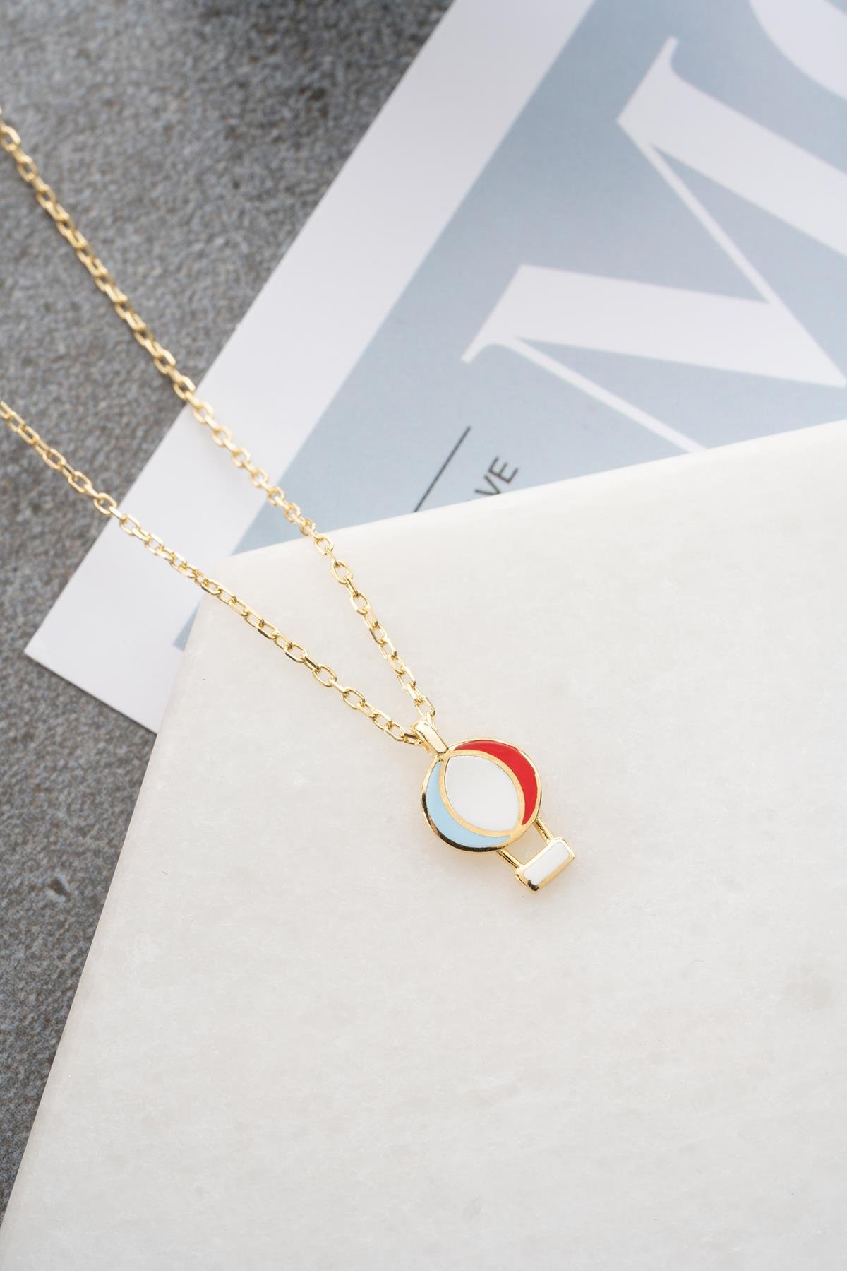 925 Ayar Gümüş Gold Kaplama Mineli Minimal Balon Kolye