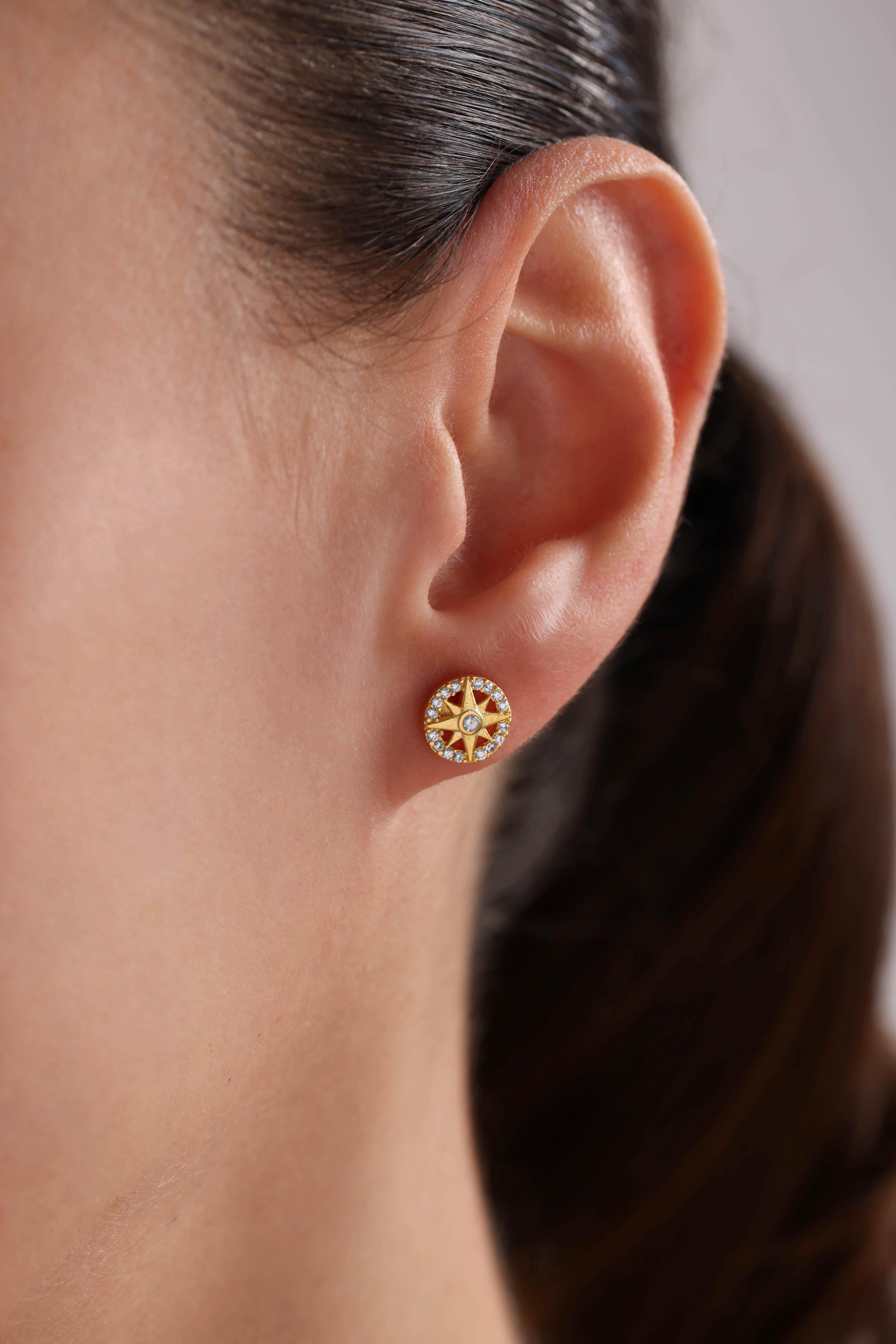 925 Ayar Gümüş Gold Kaplama Minik Daire Kutup Yıldızı Küpe