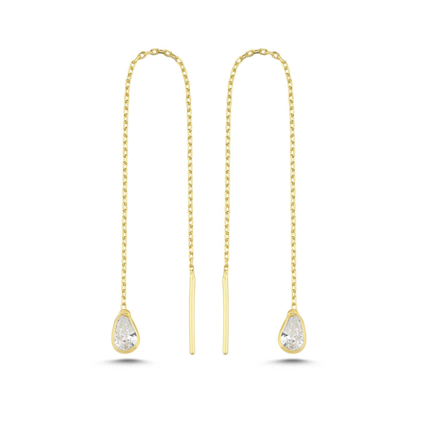 925 Ayar Gümüş Gold Kaplama Minik Damla Taşlı Zincir Küpe