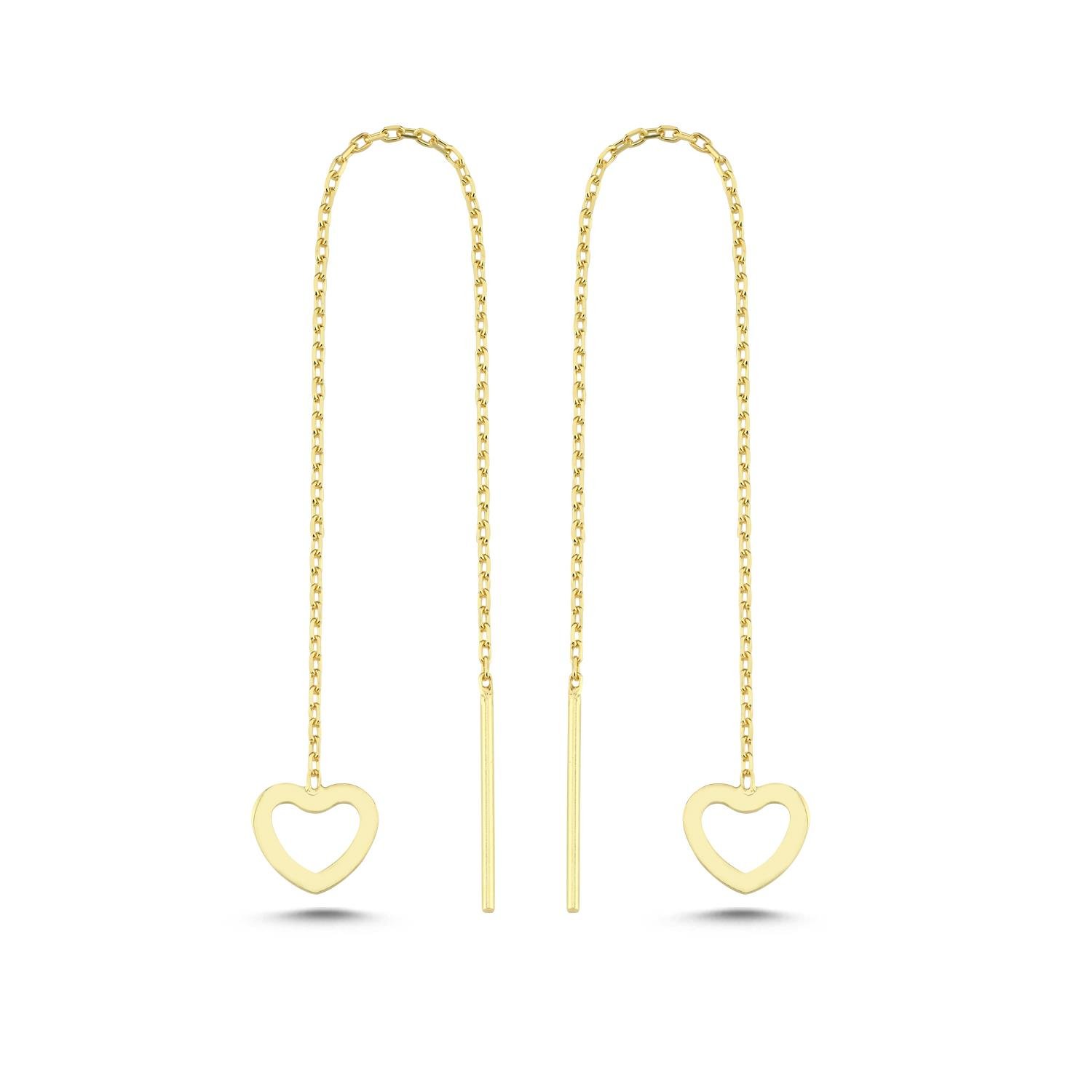 925 Ayar Gümüş Gold Kaplama Minik Kalp Zincir Küpe