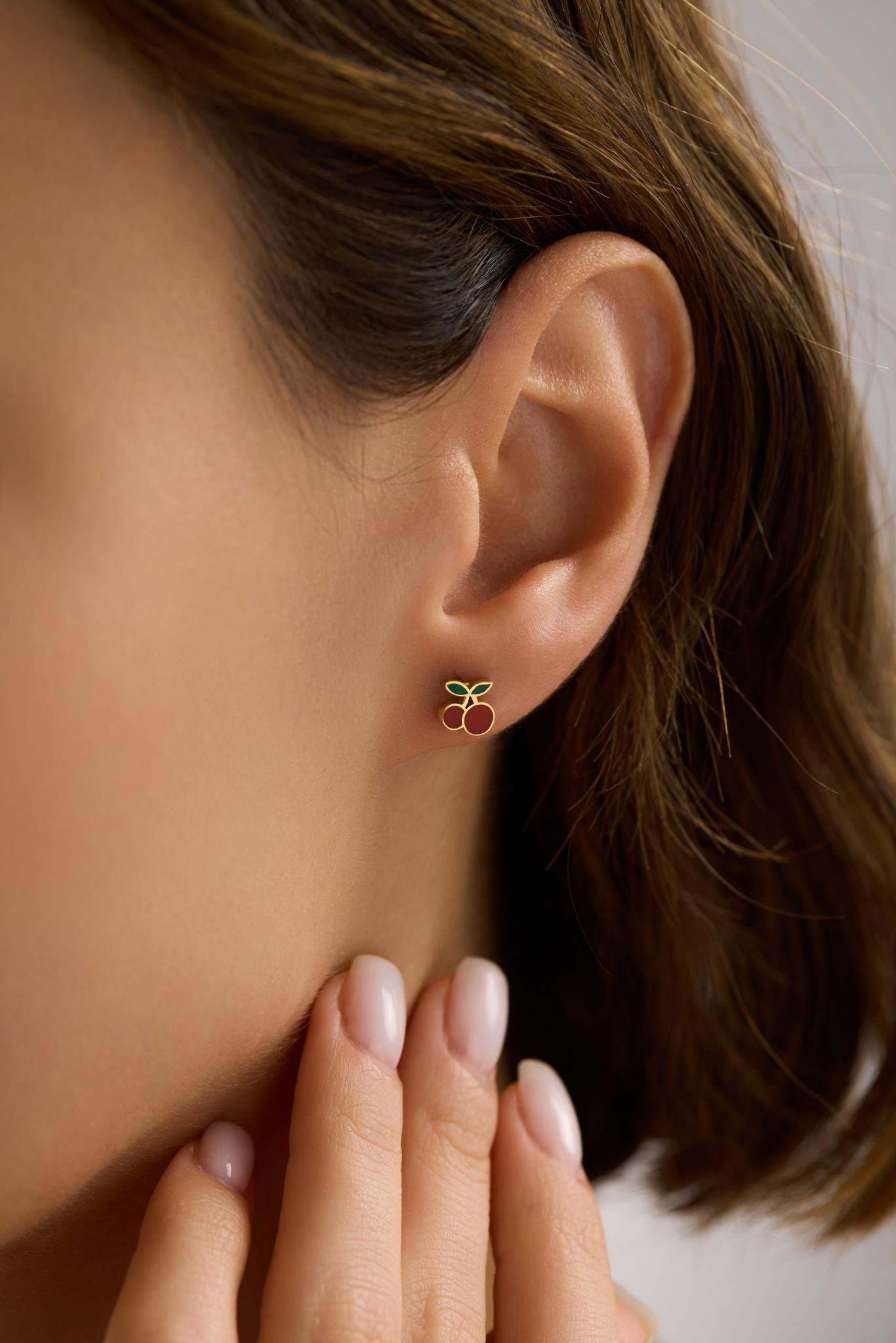 925 Ayar Gümüş Gold Kaplama Minik Kiraz Küpe