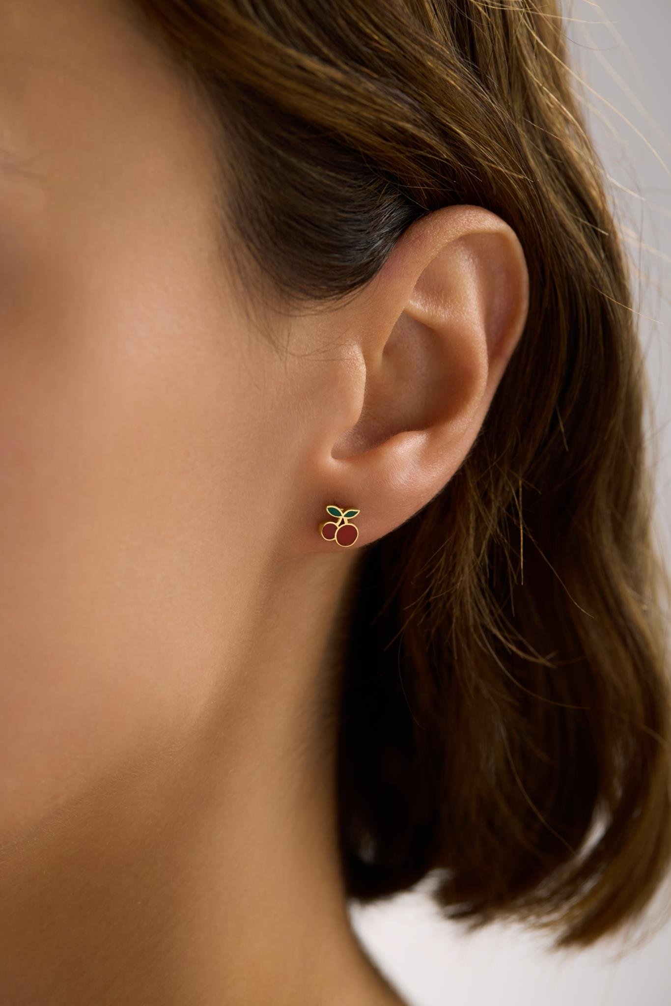 925 Ayar Gümüş Gold Kaplama Minik Kiraz Küpe