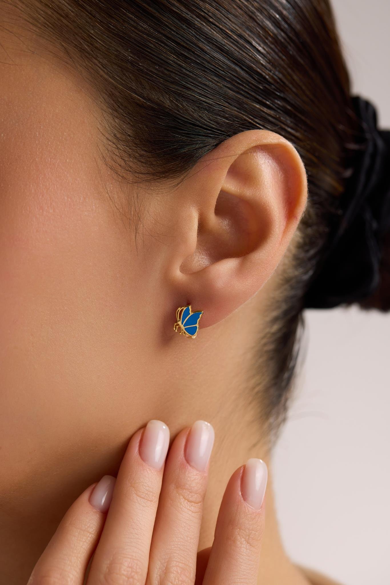 925 Ayar Gümüş Gold Kaplama Minik Mavi Kelebek Model Çocuk Küpe