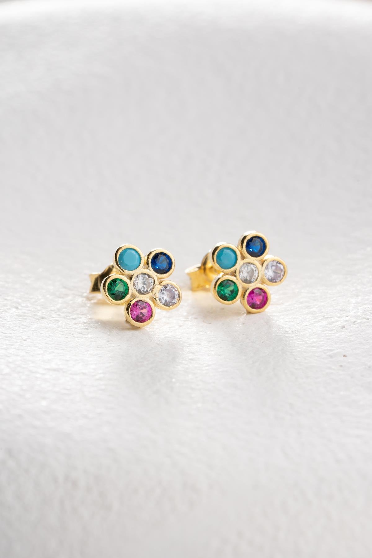 925 Ayar Gümüş Gold Kaplama Minik Mix Taşlı Kır Çiçeği Küpe