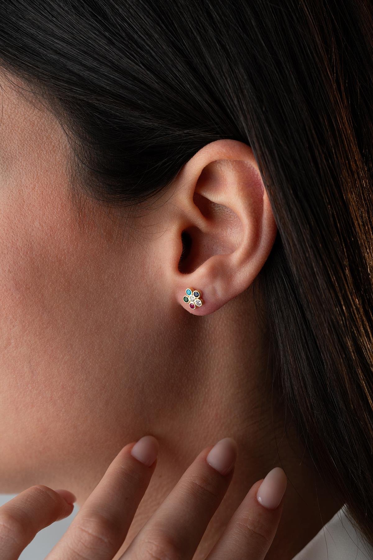 925 Ayar Gümüş Gold Kaplama Minik Mix Taşlı Kır Çiçeği Küpe