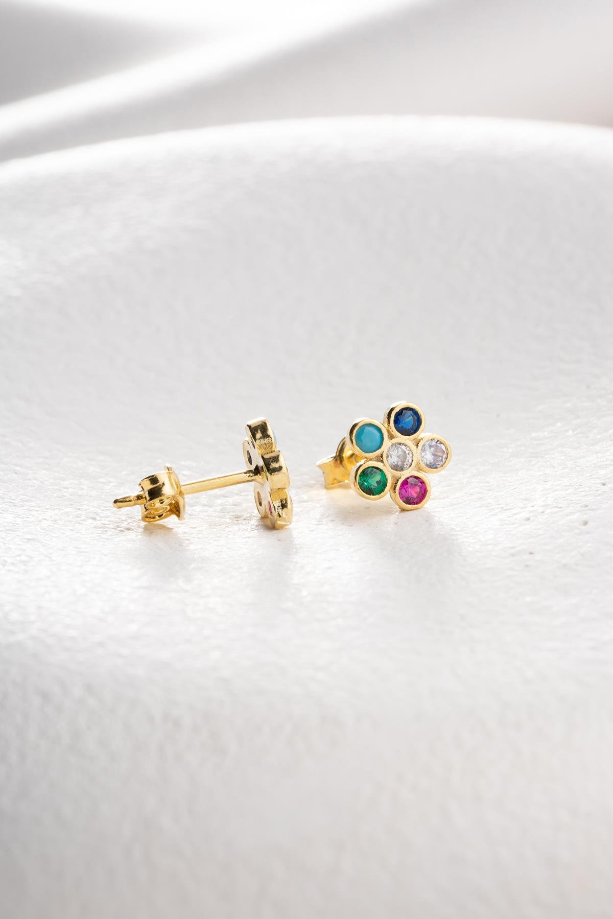 925 Ayar Gümüş Gold Kaplama Minik Mix Taşlı Kır Çiçeği Küpe